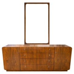 Retro Mid Century Modern Founders Walnut and Chrome Dresser Credenza and Mirror