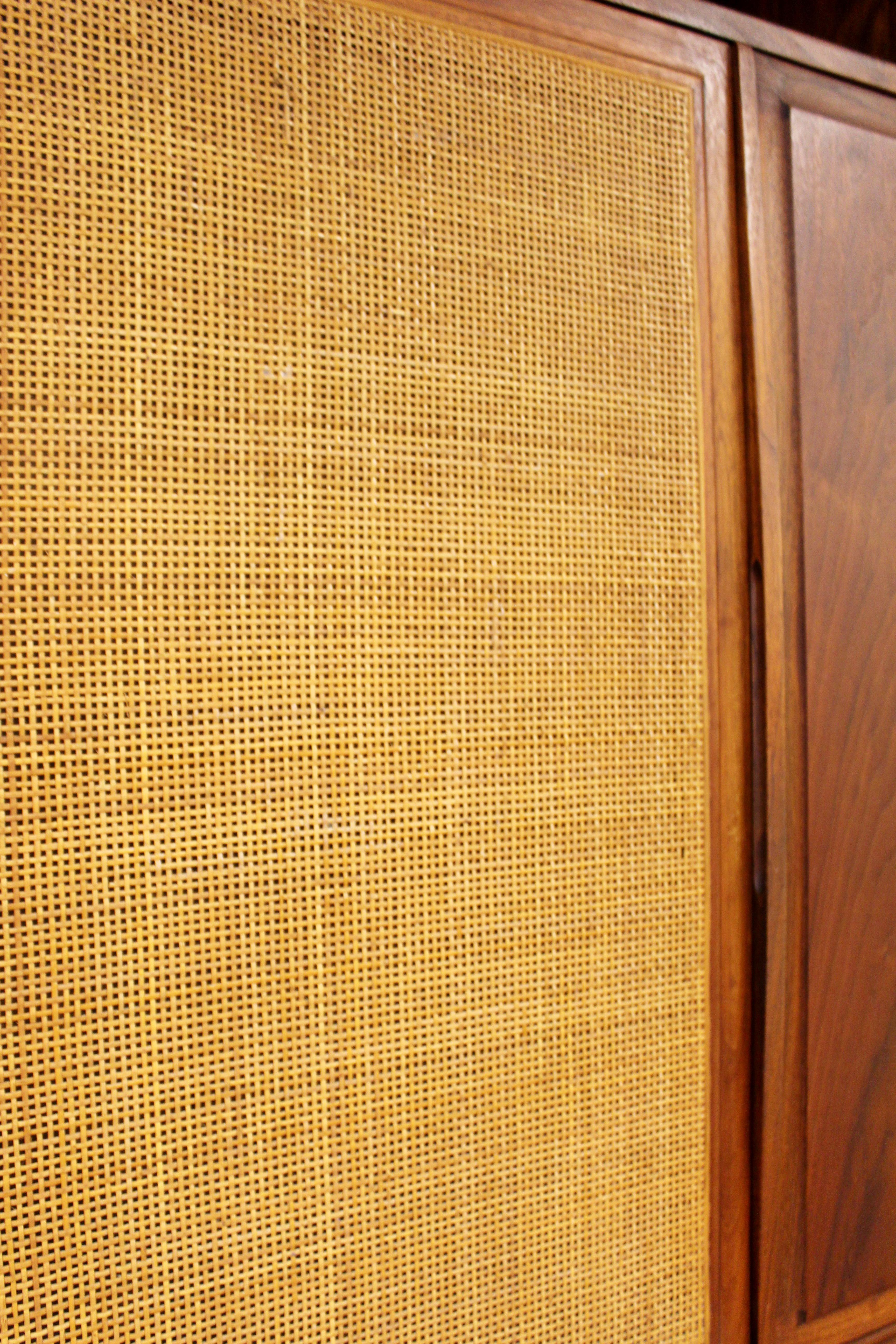 Mid-Century Modern Founders Walnut Cane Hanging Wall Cabinet Credenza Set, 1960s 1