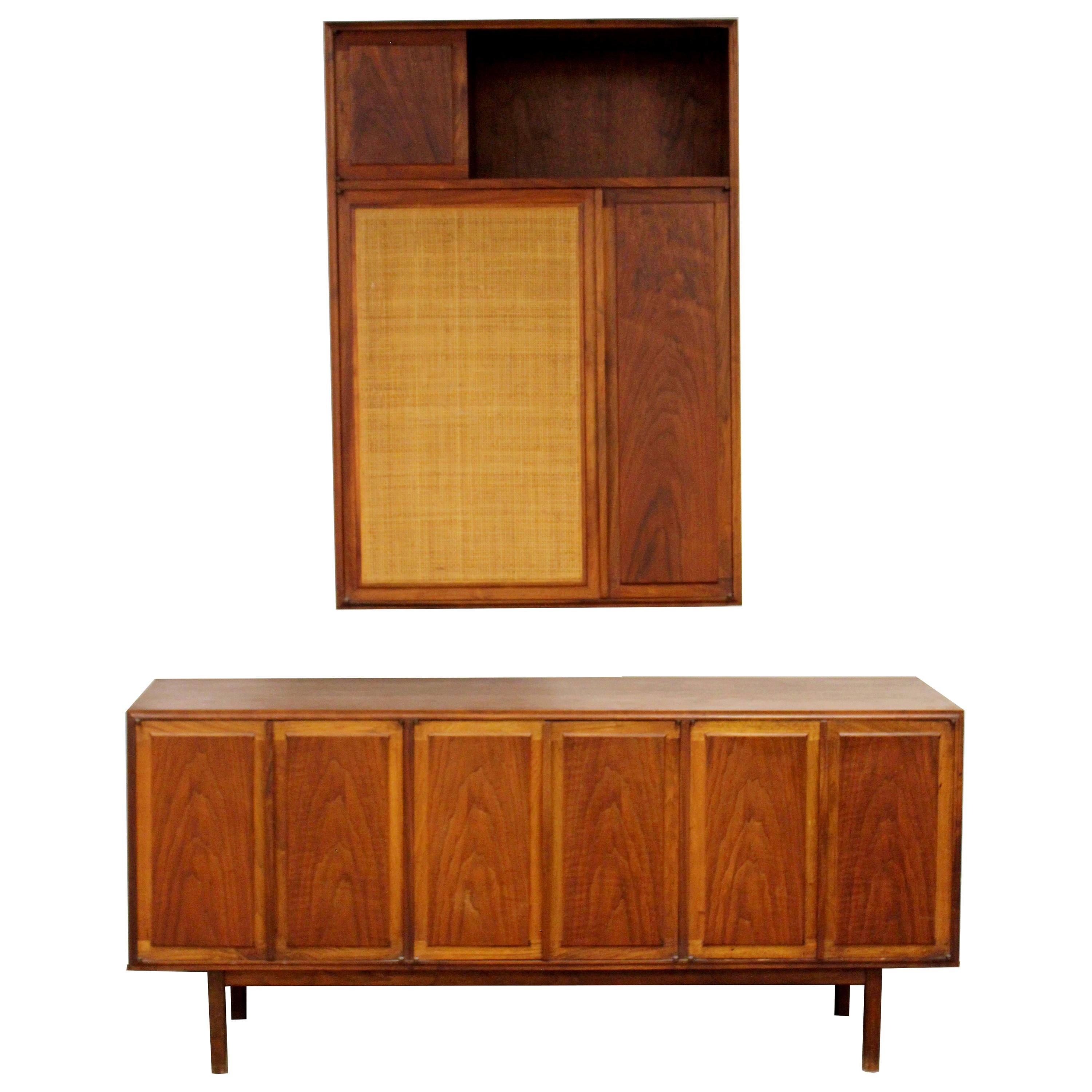 Mid-Century Modern Founders Walnut Cane Hanging Wall Cabinet Credenza Set, 1960s