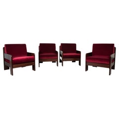 Mid-Century Modern Four Armchairs Wood Dark Red Velvet Fabric