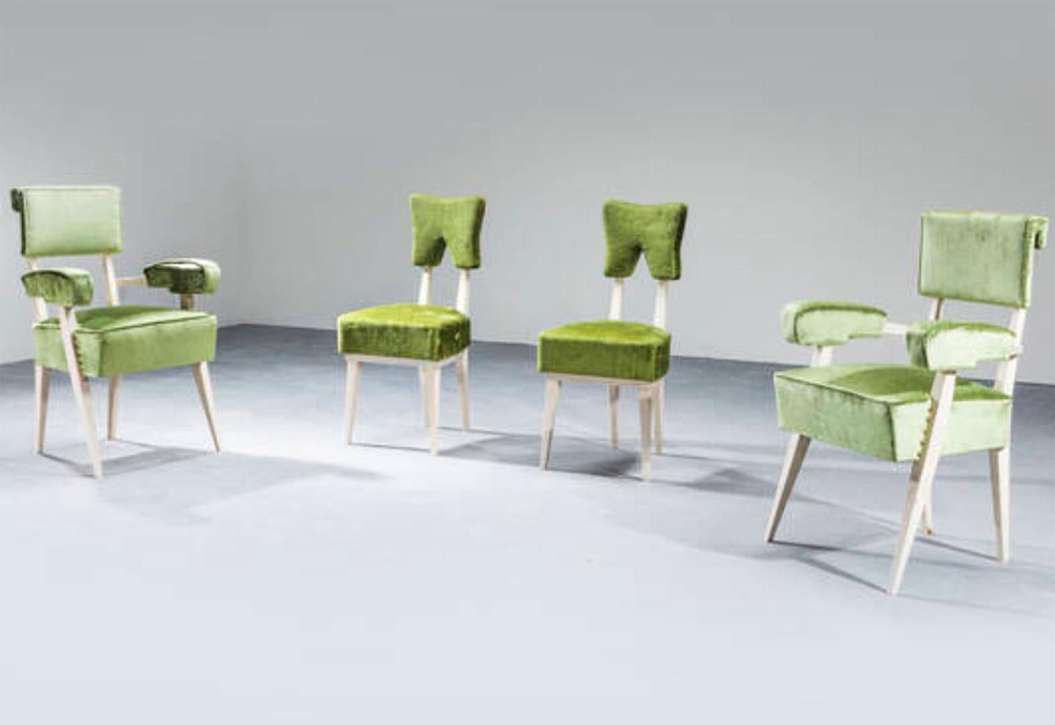 Attribuited to Studio BBPR, this original seat is composed by two chair and two armchairs with white lacquered wood structure and green linen velvet 
They are covered with original velvet that has some defects even if no any break is present. 
(To