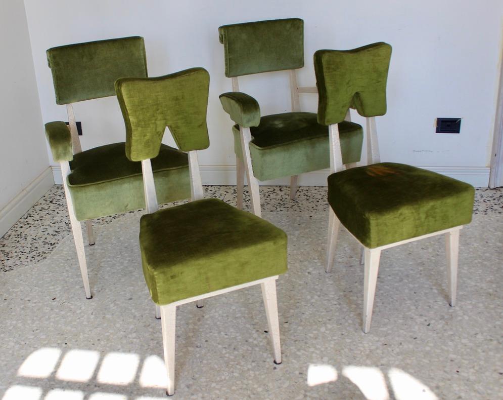 Velvet Mid-Century Modern Four Green Chairs Attribuited to Bbpr Studio, Italy, 1950s  For Sale