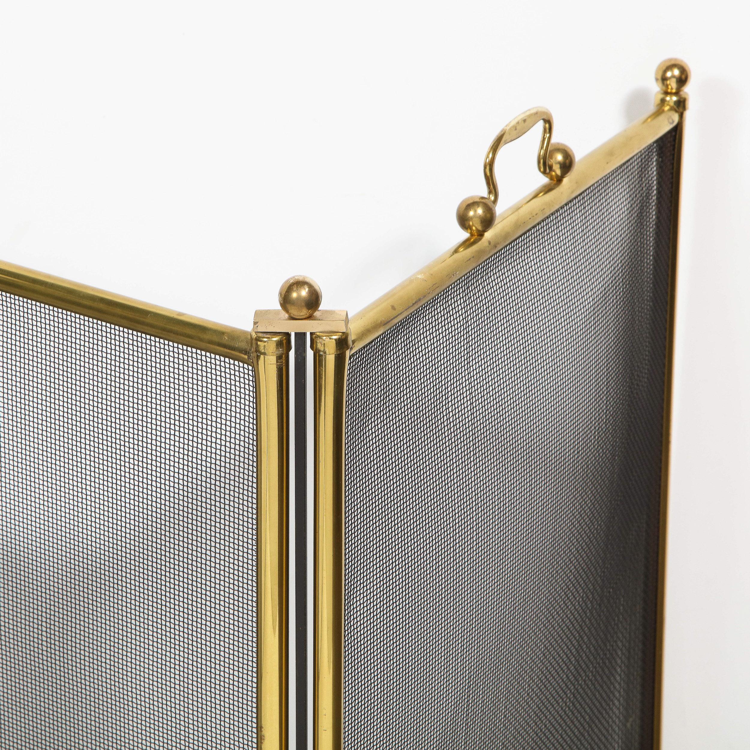 American Mid-Century Modern Four Panel Polished Brass & Iron Mesh Adjustable Fire Screen