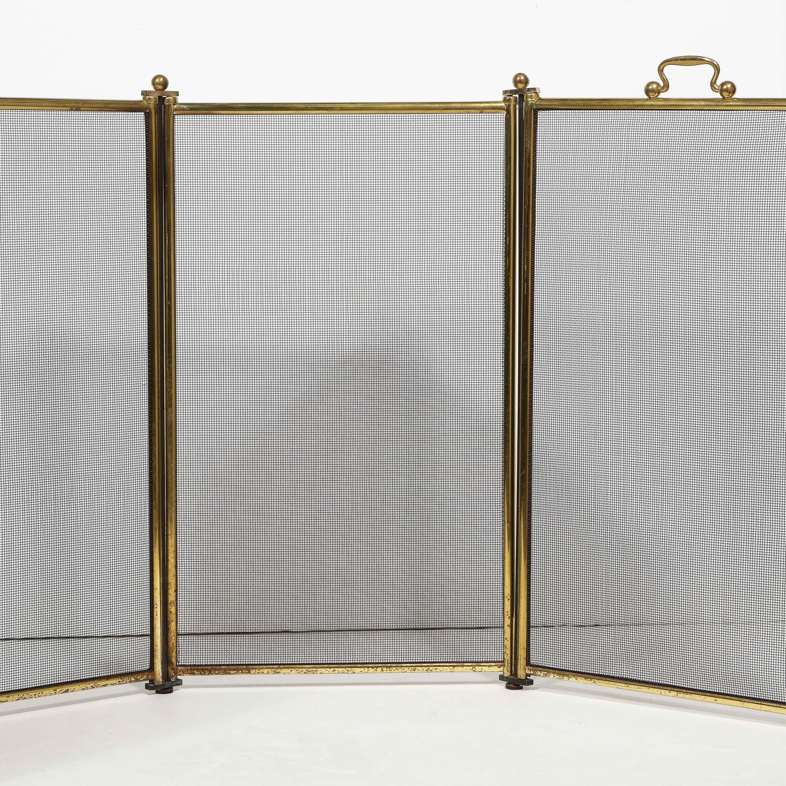Mid-20th Century Mid-Century Modern Four Panel Polished Brass & Iron Mesh Adjustable Fire Screen