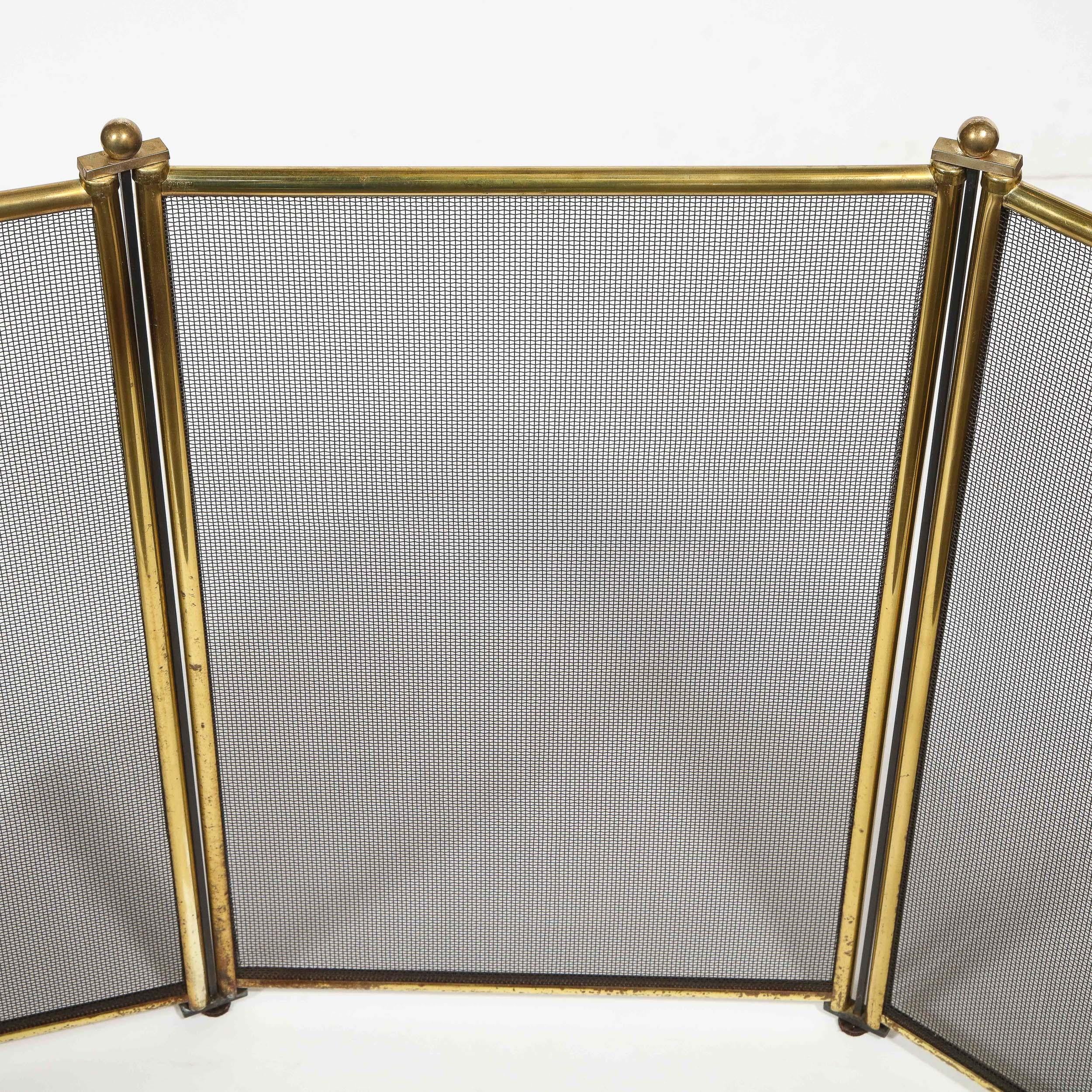 Mid-Century Modern Four Panel Polished Brass & Iron Mesh Adjustable Fire Screen 1