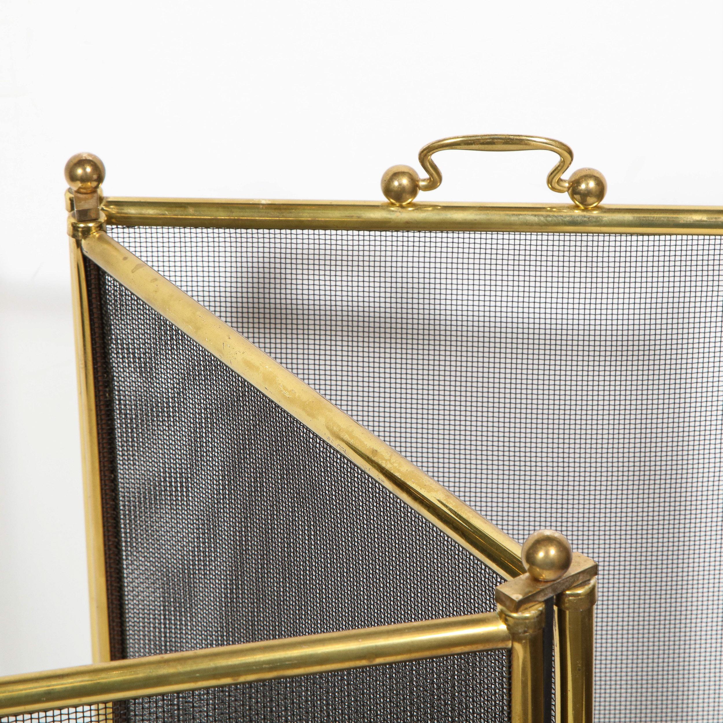 Mid-Century Modern Four Panel Polished Brass & Iron Mesh Adjustable Fire Screen 3