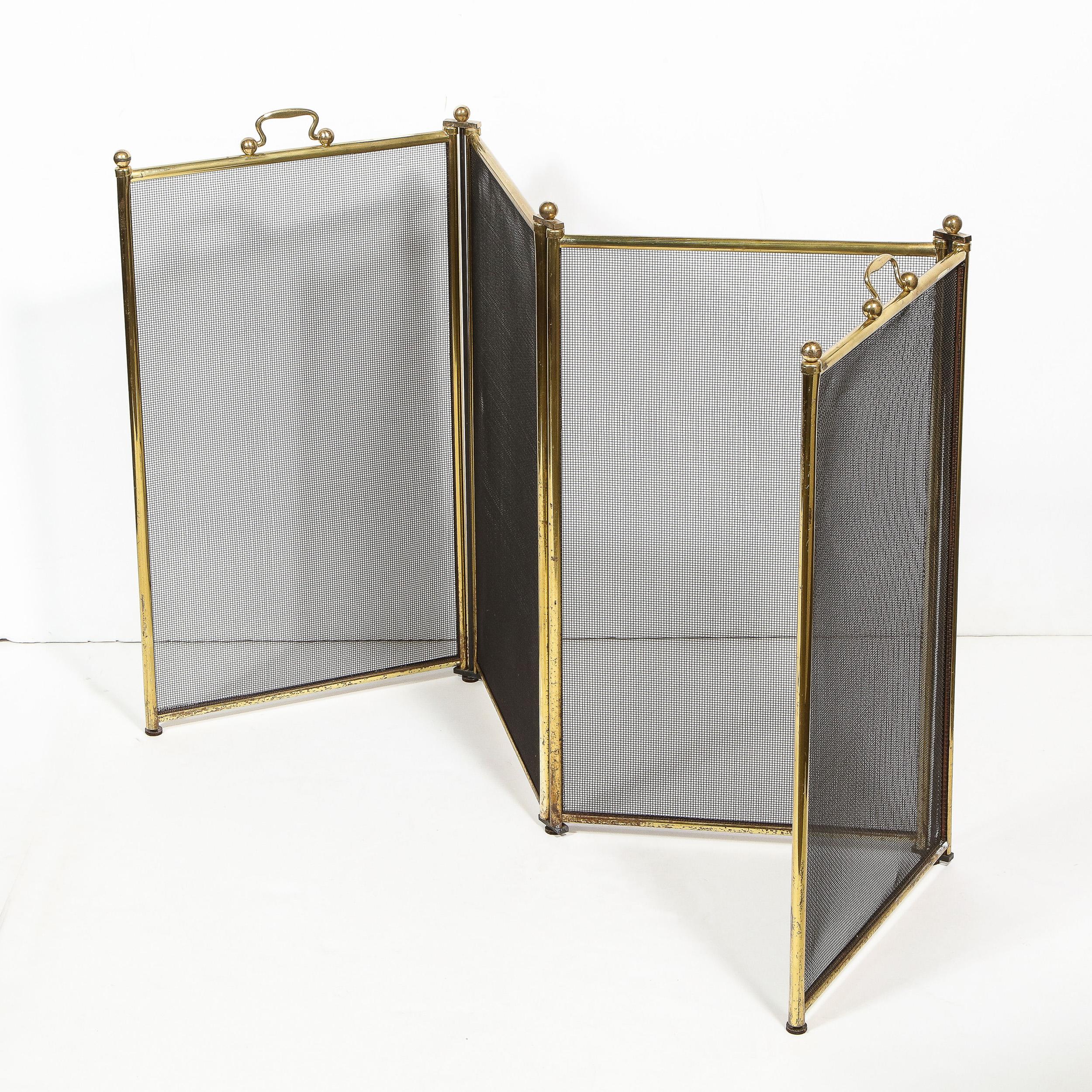 Mid-Century Modern Four Panel Polished Brass & Iron Mesh Adjustable Fire Screen 4