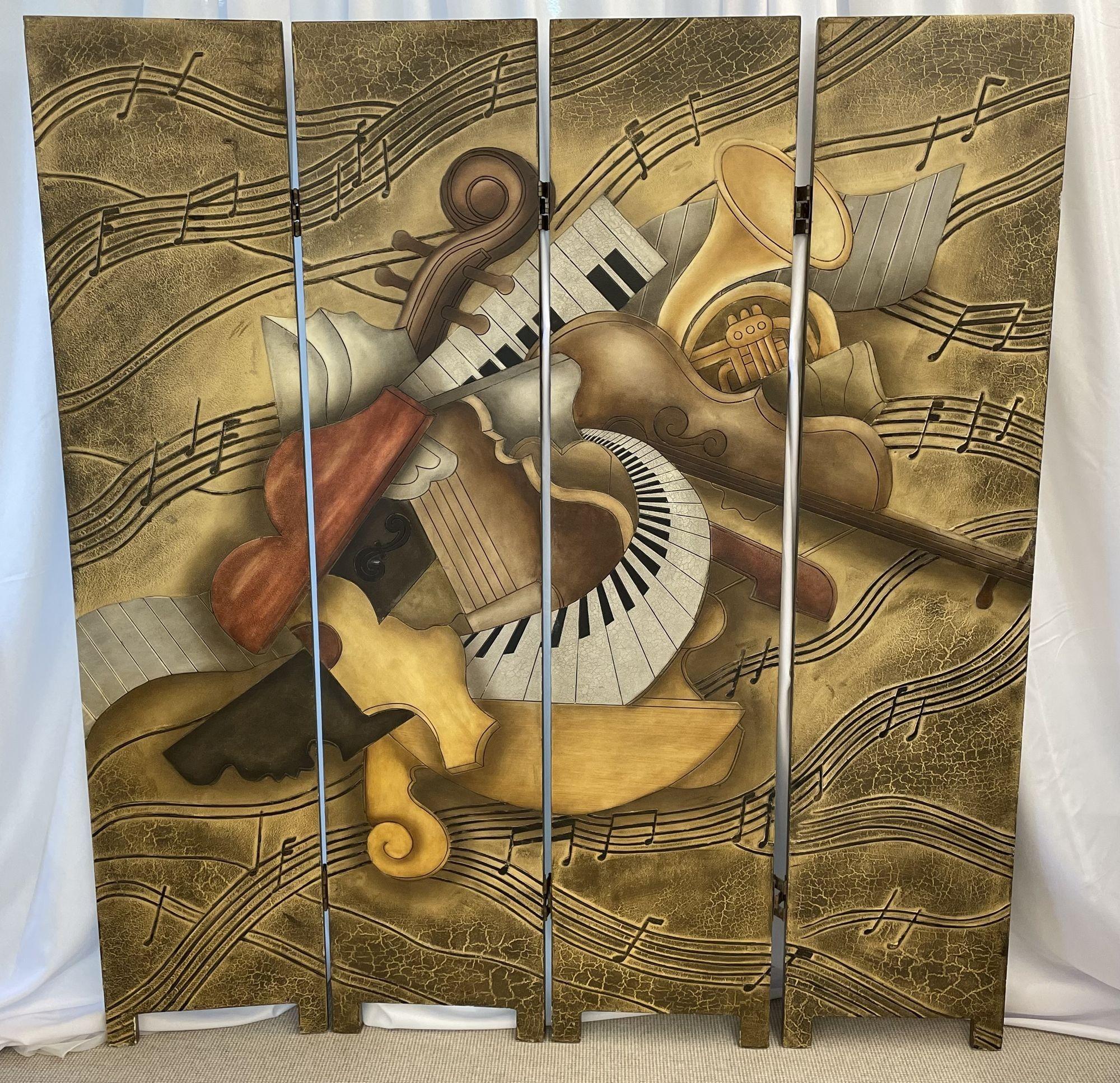 A Mid-Century Modern room divider or folding screen in the style of Piero Fornasetti.
 
Four large impressive hand painted panels, each panel measures 16 in. wide by 72 inches high, each having a musical theme with piano keyborad, Trumpet, Violen