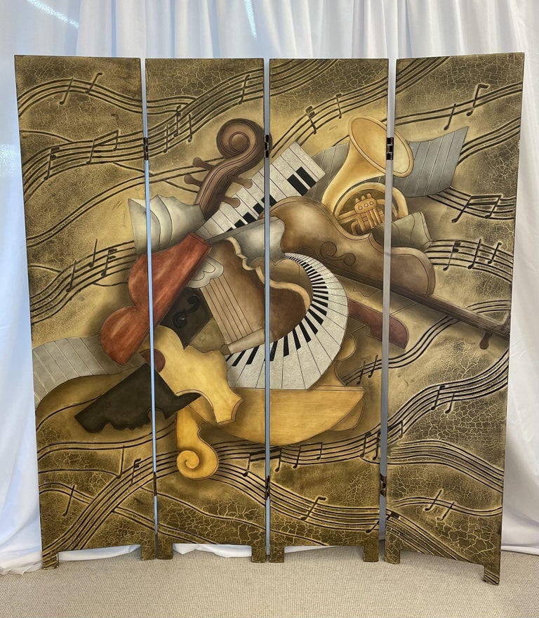 Mid-Century Modern Four Panel Screen, Room Divider, Piero Fornasetti, Musical In Good Condition For Sale In Stamford, CT