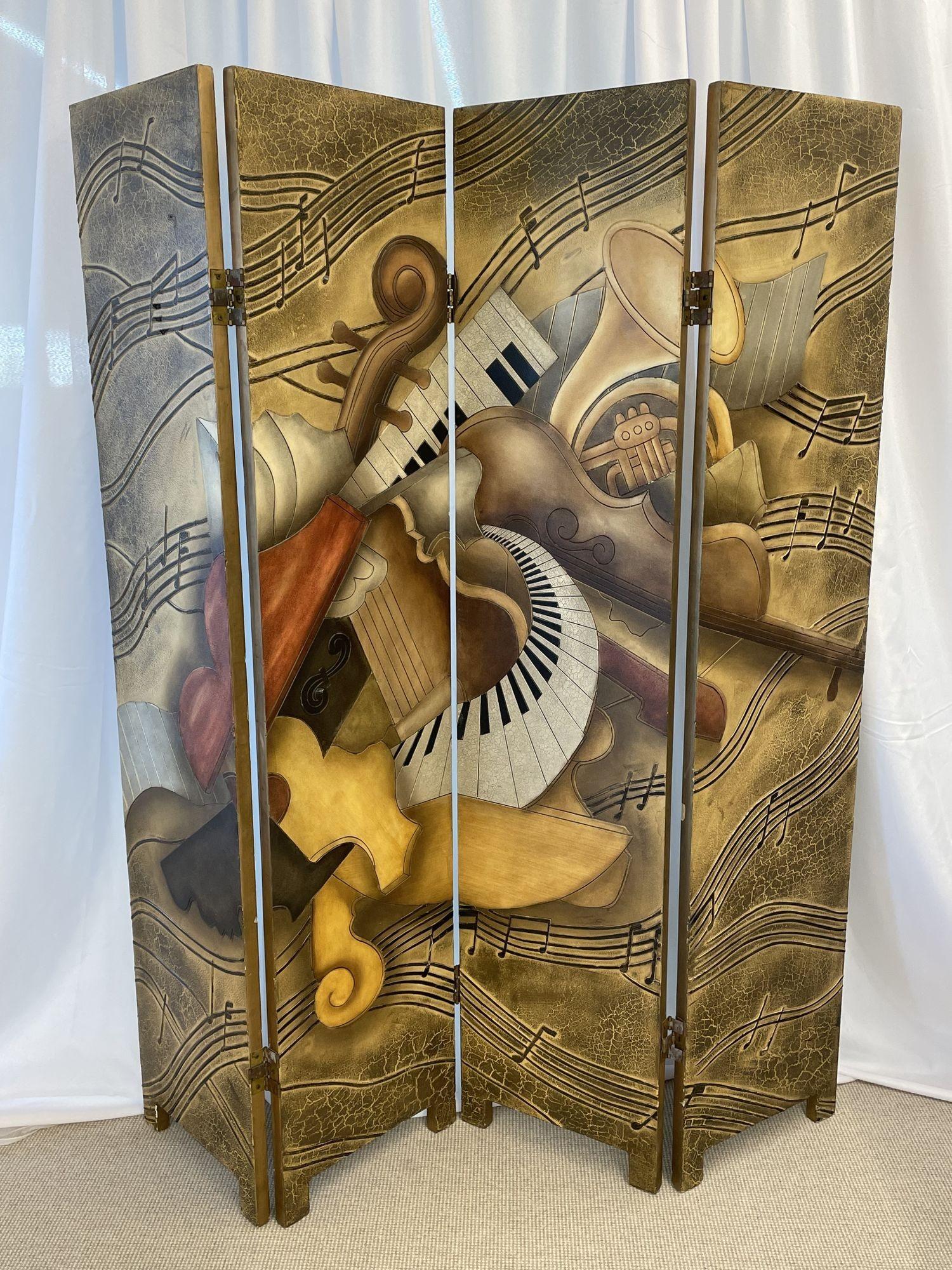 Mid-Century Modern Four Panel Screen, Room Divider, Piero Fornasetti, Musical In Good Condition In Stamford, CT