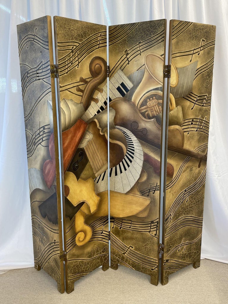 20th Century Mid-Century Modern Four Panel Screen, Room Divider, Piero Fornasetti, Musical For Sale