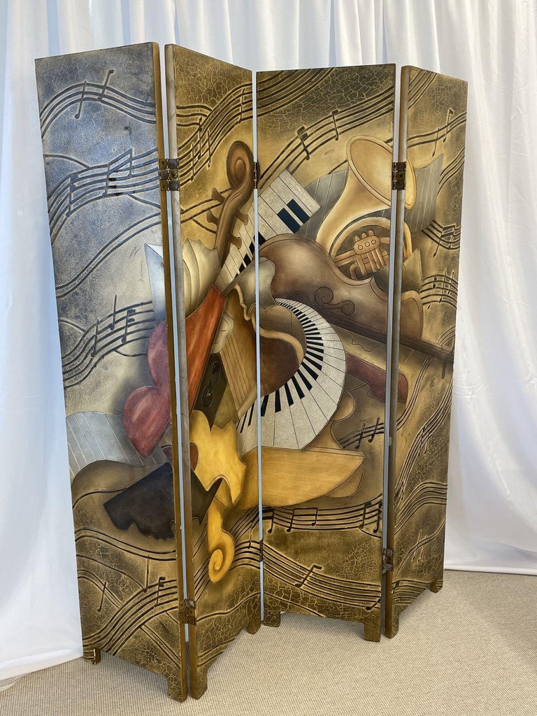 Wood Mid-Century Modern Four Panel Screen, Room Divider, Piero Fornasetti, Musical For Sale
