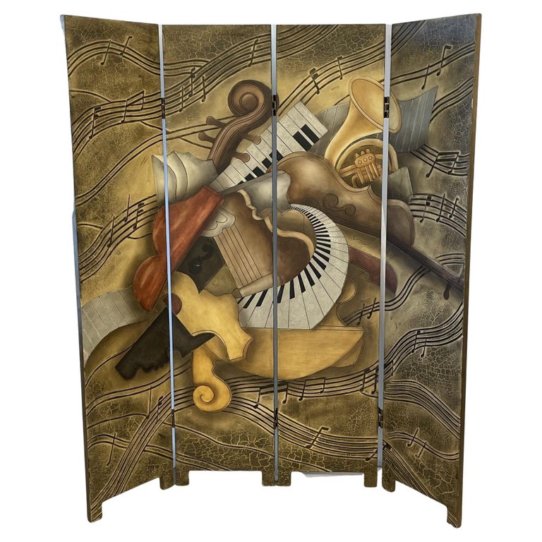 Mid-Century Modern Four Panel Screen, Room Divider, Piero Fornasetti, Musical For Sale