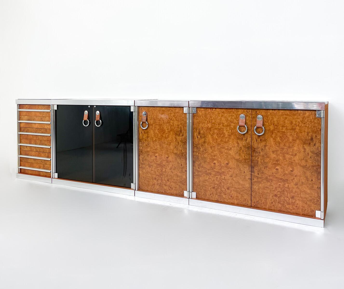 Mid-Century Modern Four Part Sideboard by Guido Faleschini for Hermès, Wood Metal and Leather, 1970s