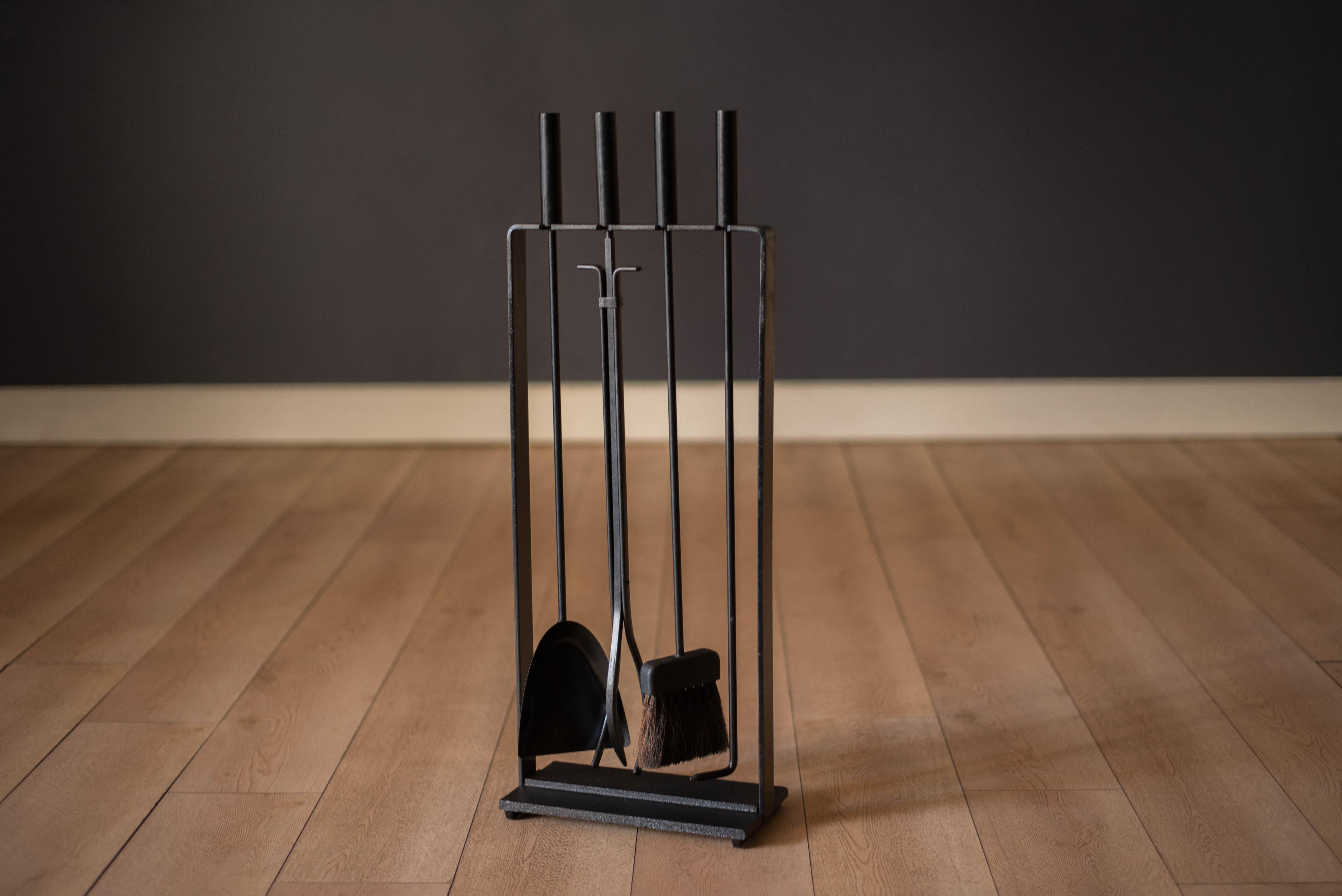 Mid-Century Modern Mid Century Modern Four-Piece Fireplace Tool Set with Stand by Pilgrim For Sale