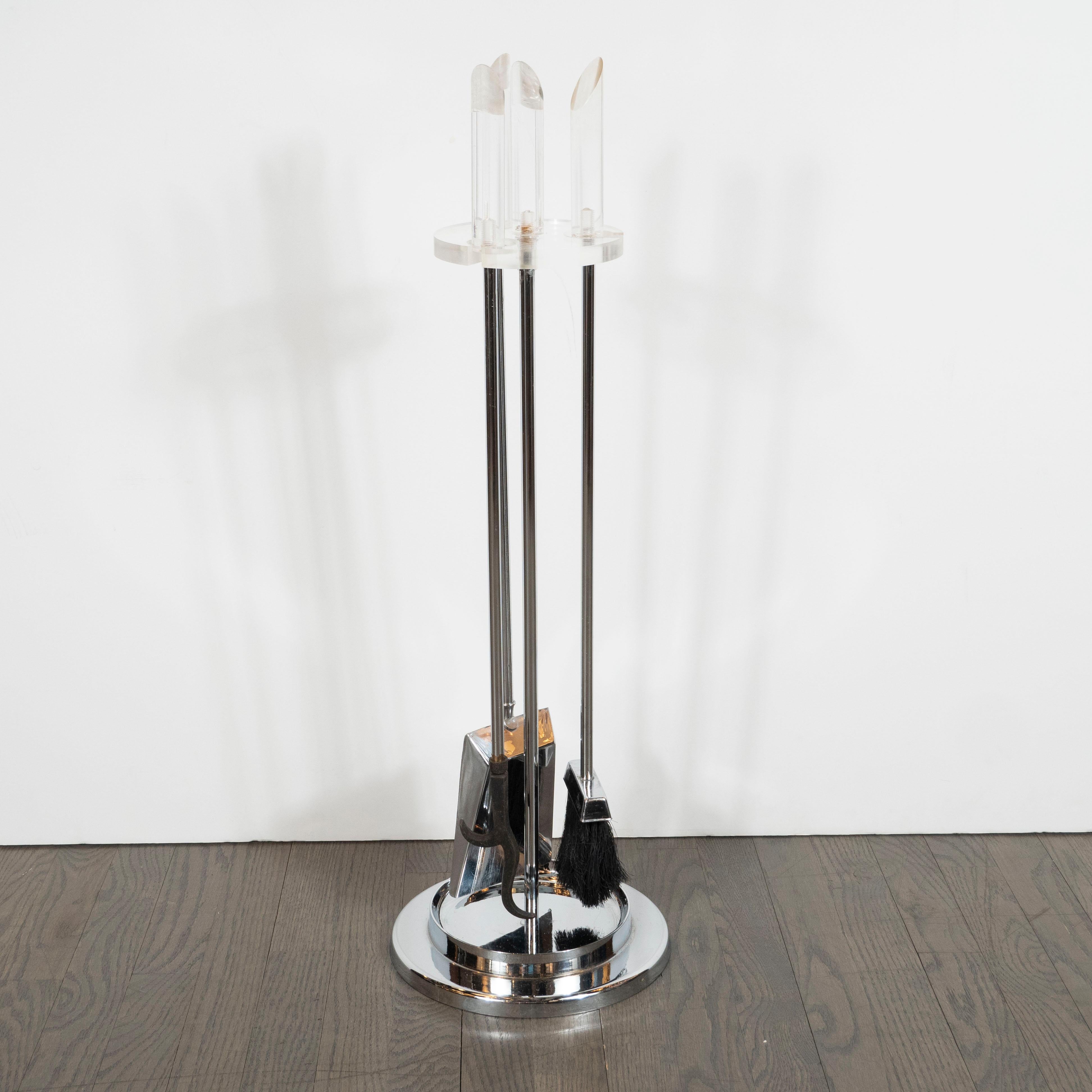 Mid-Century Modern Four-Piece Lucite and Chrome Fire Tool Set In Good Condition In New York, NY