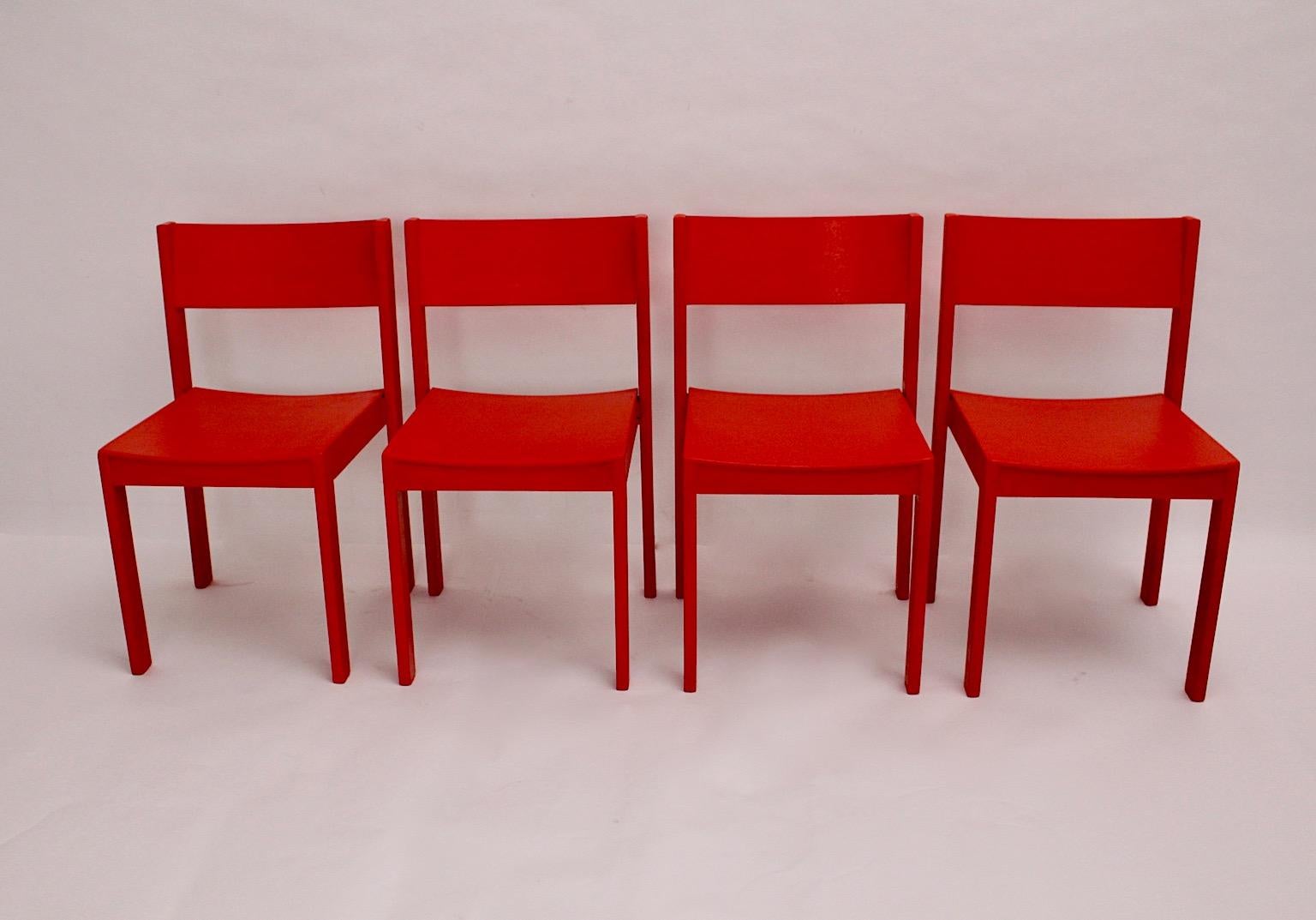 Austrian Mid-Century Modern Four Red Beech Dining Room Chairs or Chairs 1950s Austria For Sale