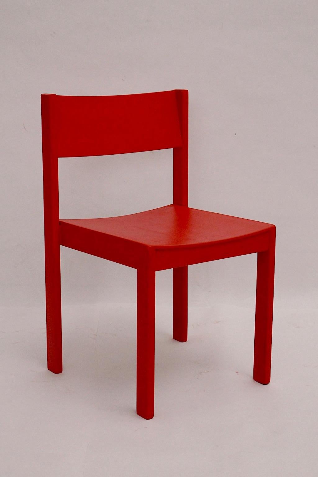 Lacquered Mid-Century Modern Four Red Beech Dining Room Chairs or Chairs 1950s Austria For Sale