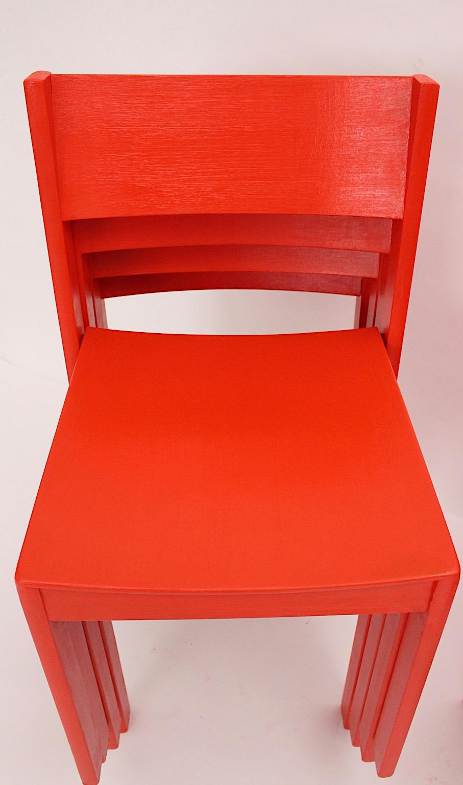 Mid-Century Modern Four Red Beech Dining Room Chairs or Chairs 1950s Austria For Sale 1