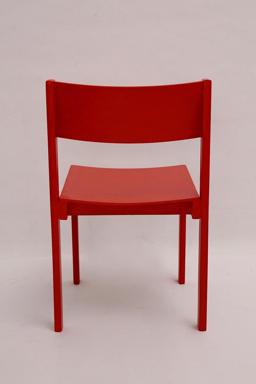 Mid-Century Modern Four Red Beech Dining Room Chairs or Chairs 1950s Austria For Sale 3