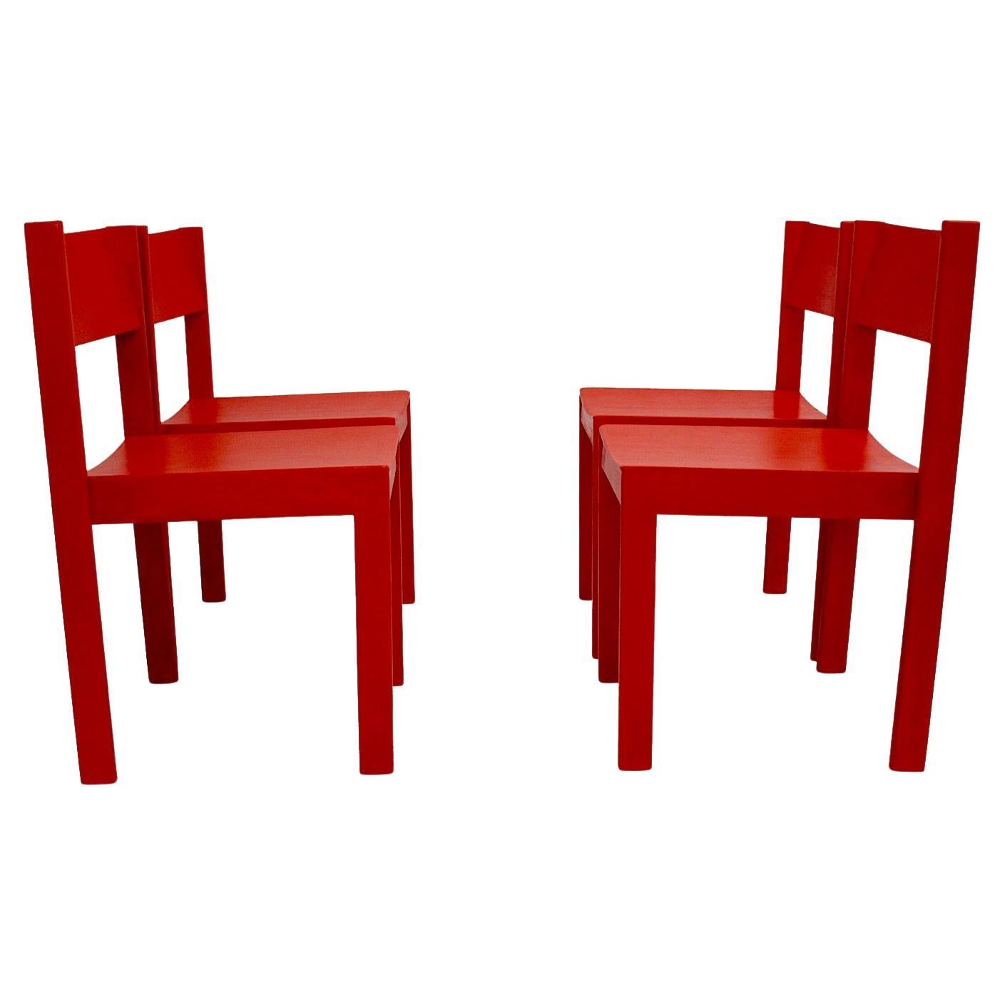 Mid-Century Modern Four Red Beech Dining Room Chairs or Chairs 1950s Austria