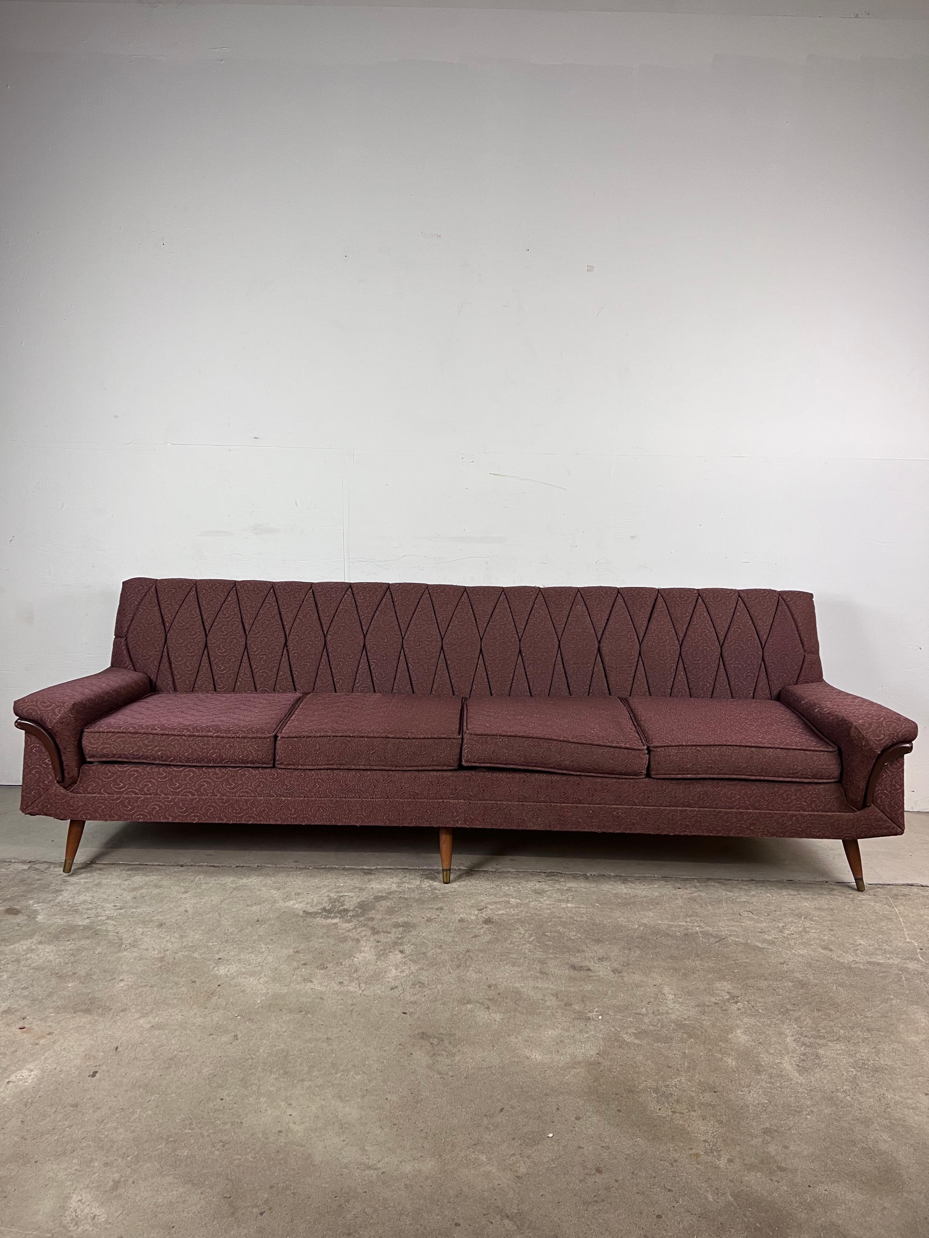 Mid Century Modern Four Seater Sofa with Vintage Upholstery In Good Condition For Sale In Freehold, NJ