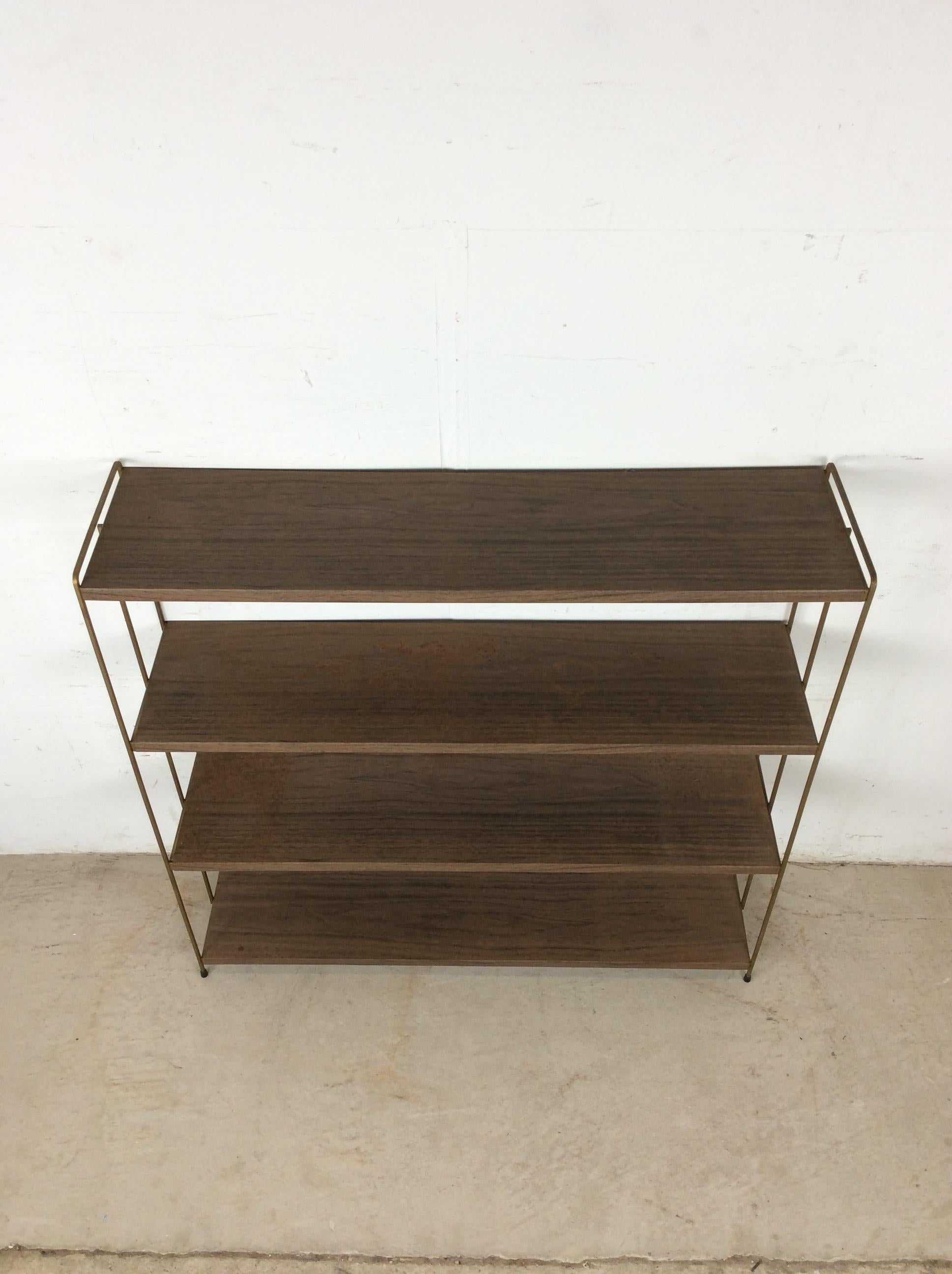 Americano Mid Century Modern Four Shelf Bookcase with Faux Wood Print & Brass Accents in vendita