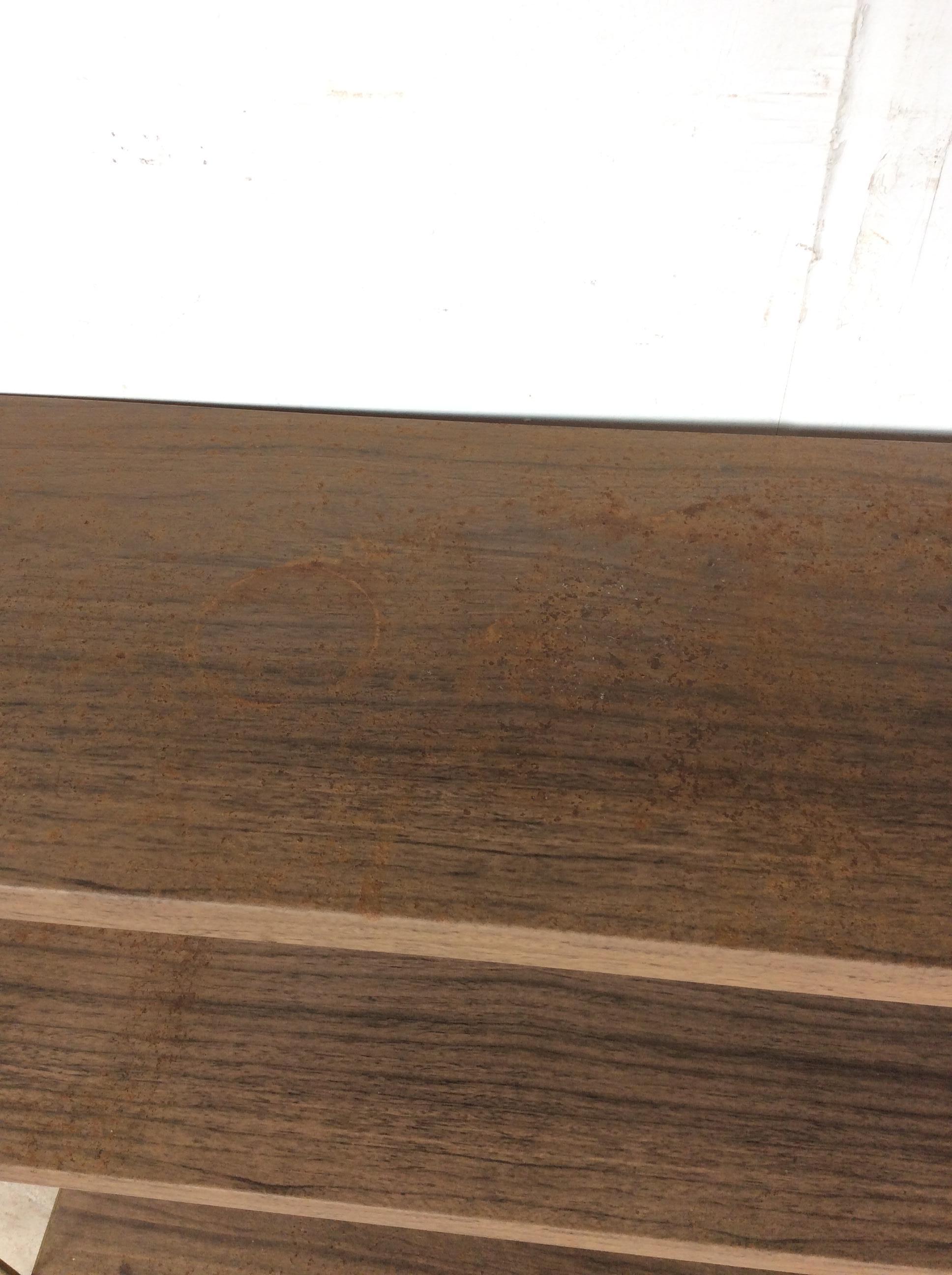 XX secolo Mid Century Modern Four Shelf Bookcase with Faux Wood Print & Brass Accents in vendita