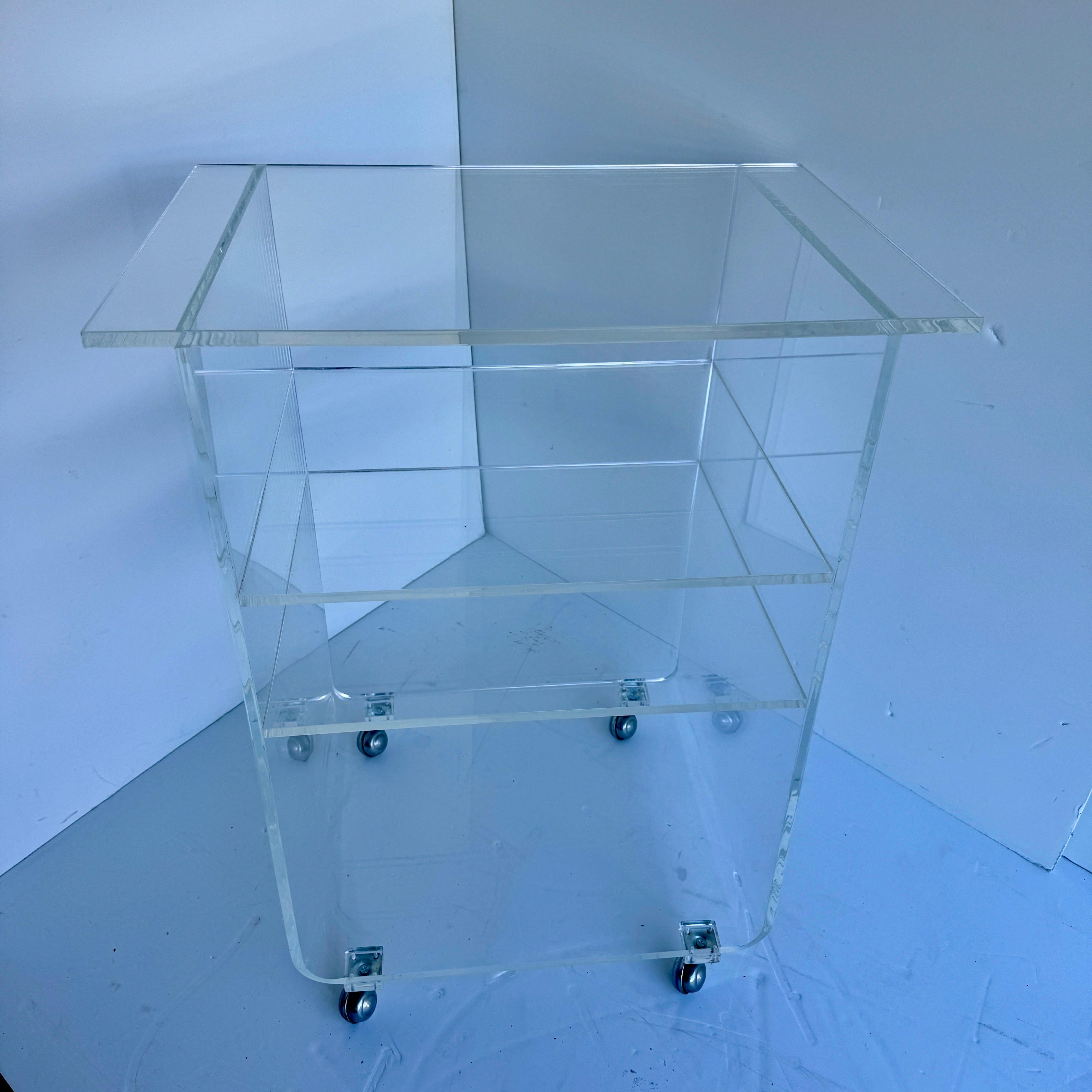 Hand-Crafted Mid-Century Modern Four Tier Bar Cart in Thick Lucite For Sale