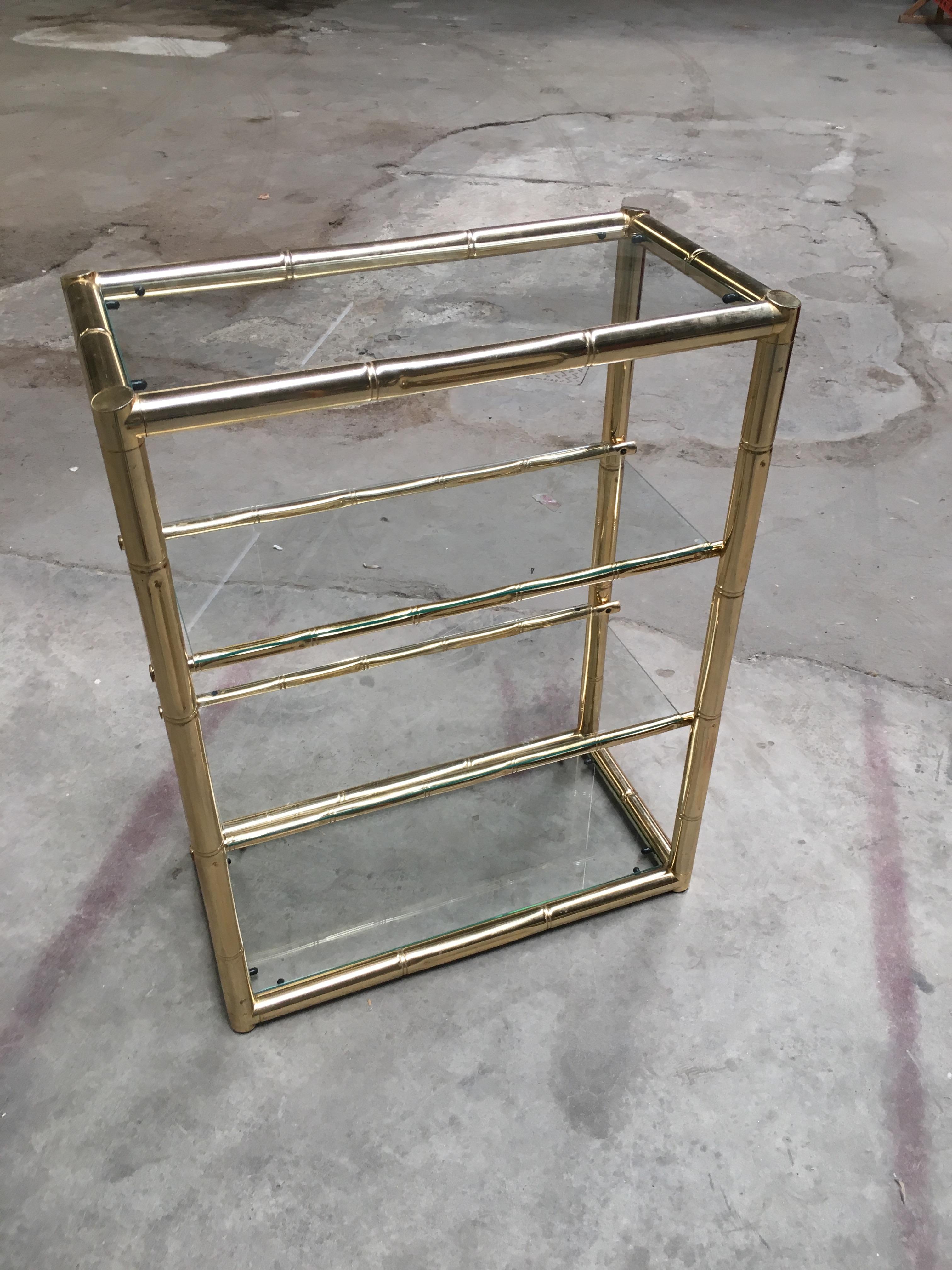 Mid-Century Modern Four-Tier Italian Faux Bamboo Gilt Metal and Glass Etagere 1