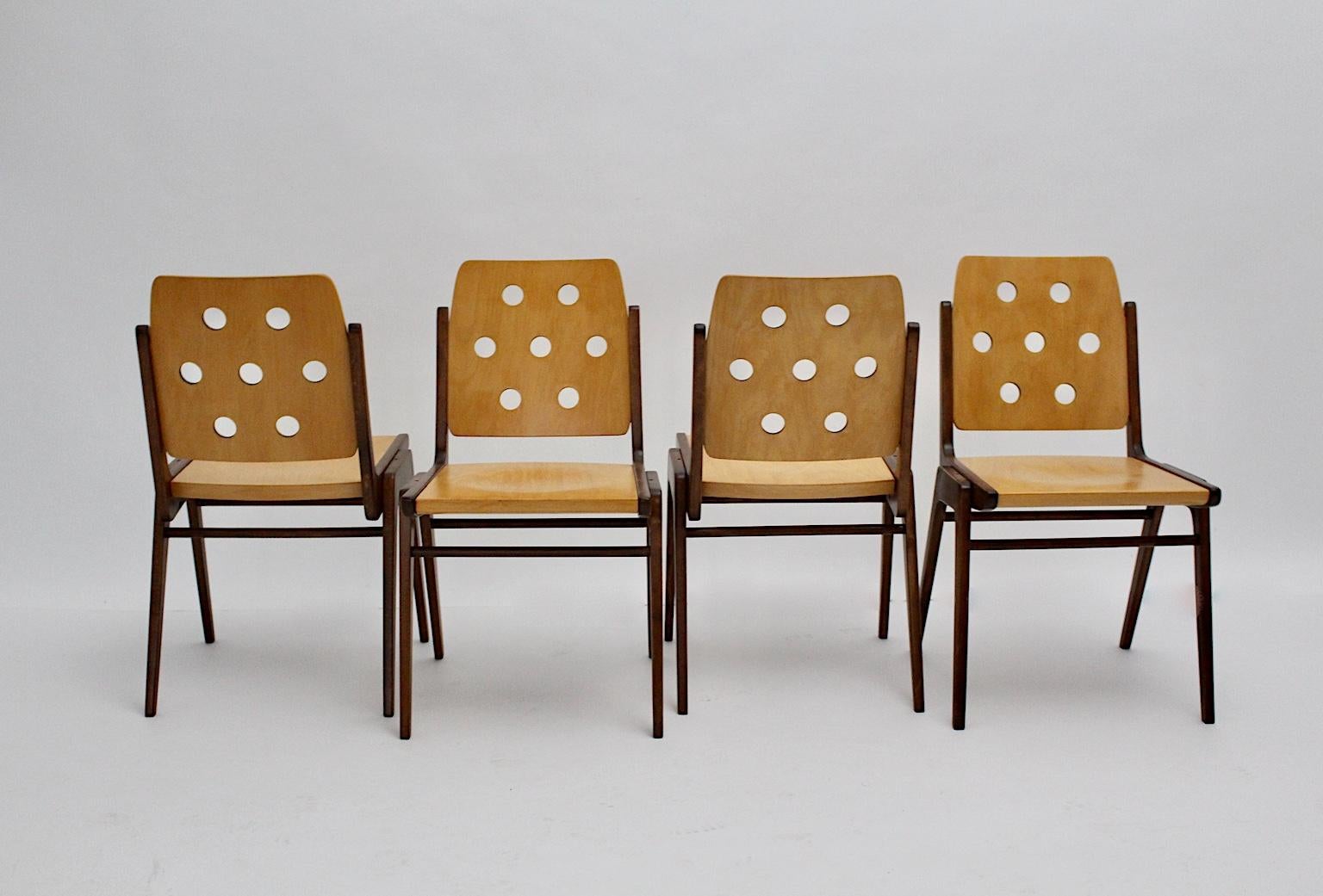 Mid-Century Modern Four Vintage Brown Bicolor Beech Dining Chairs Franz Schuster 6