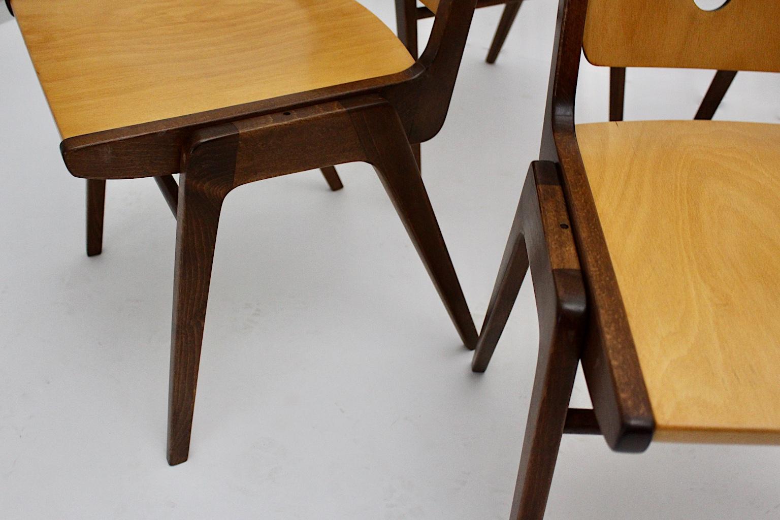 Mid-Century Modern Four Vintage Brown Bicolor Beech Dining Chairs Franz Schuster 10