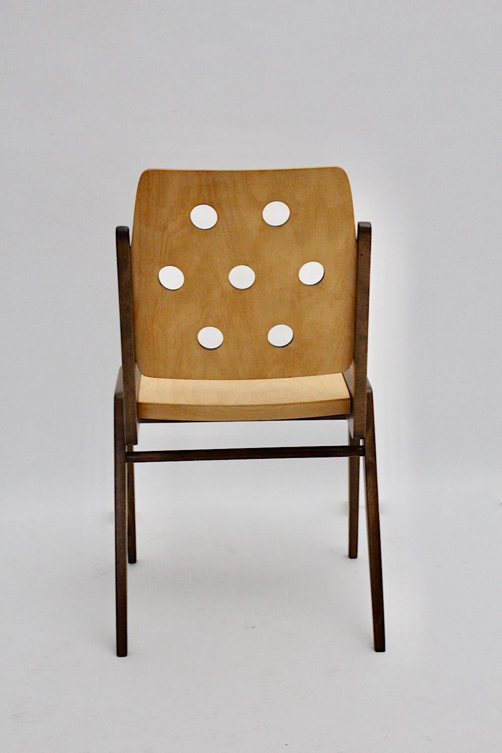 Mid-Century Modern Four Vintage Brown Bicolor Beech Dining Chairs Franz Schuster 11