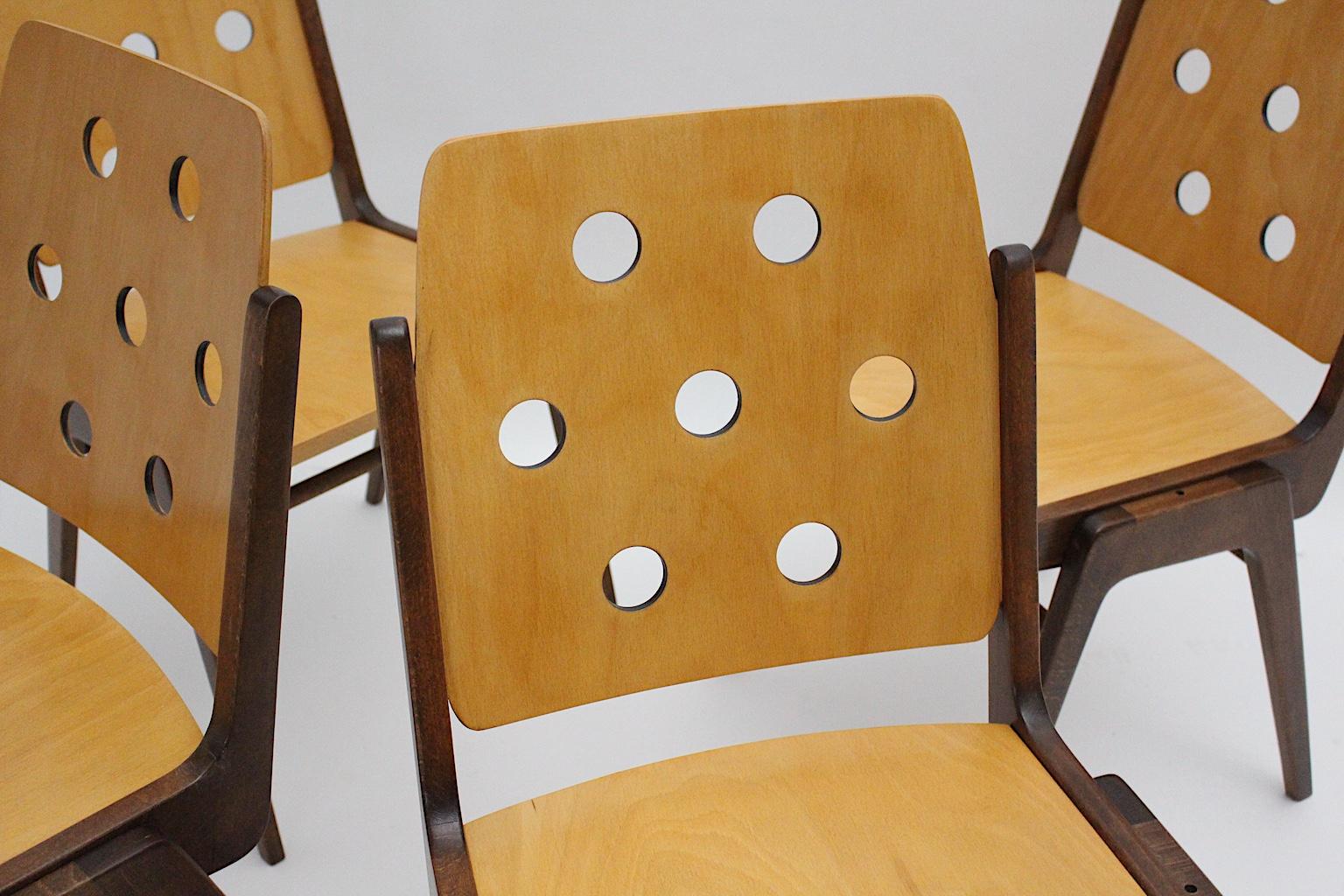 Mid-Century Modern Four Vintage Brown Bicolor Beech Dining Chairs Franz Schuster 14