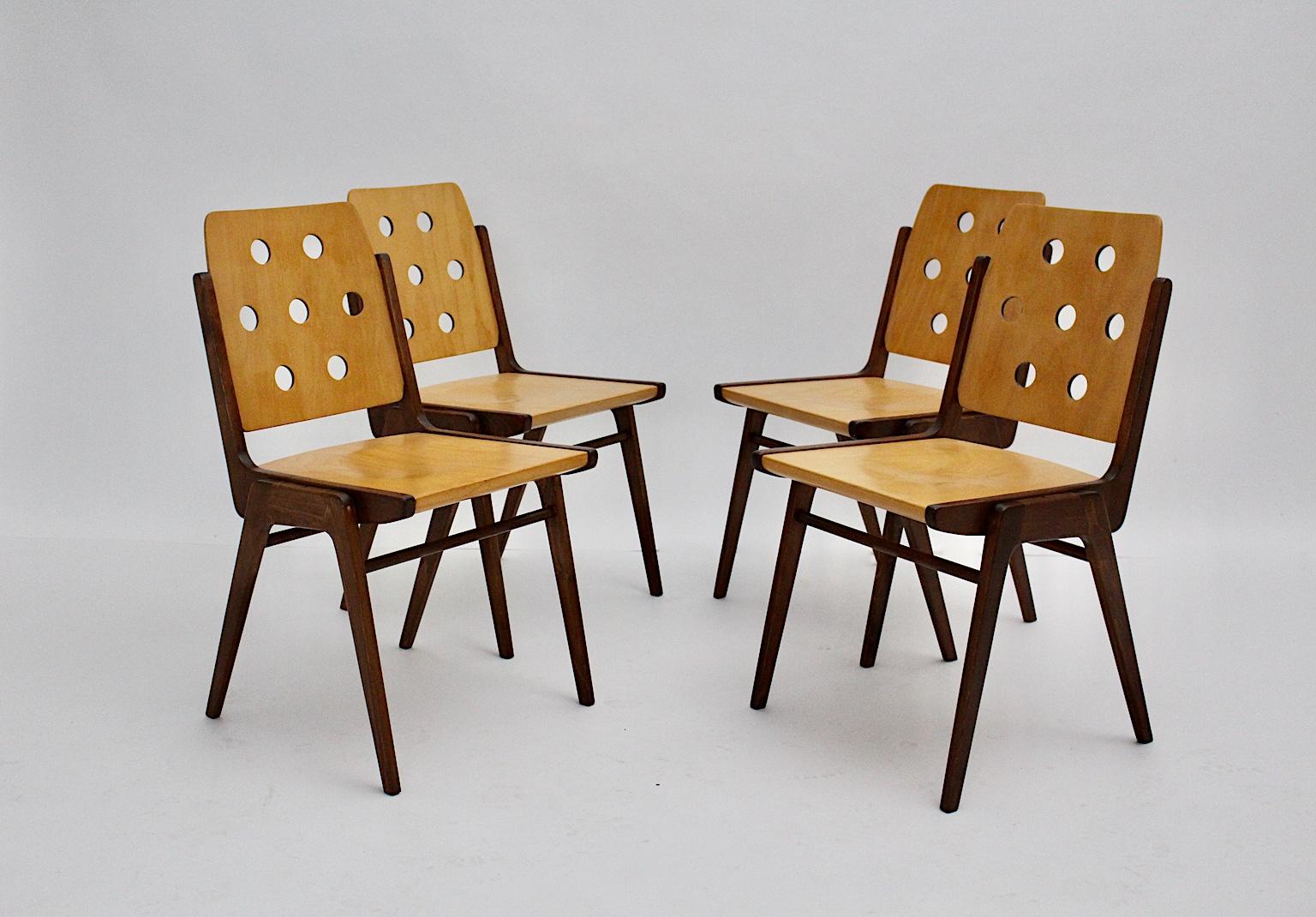 Austrian Mid-Century Modern Four Vintage Brown Bicolor Beech Dining Chairs Franz Schuster
