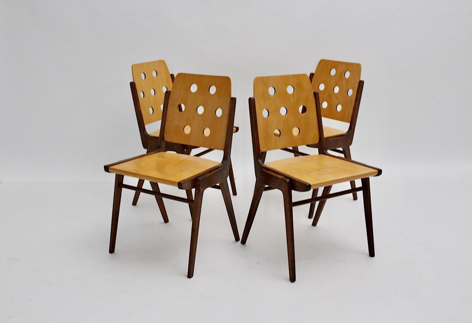 Mid-Century Modern Four Vintage Brown Bicolor Beech Dining Chairs Franz Schuster In Good Condition In Vienna, AT