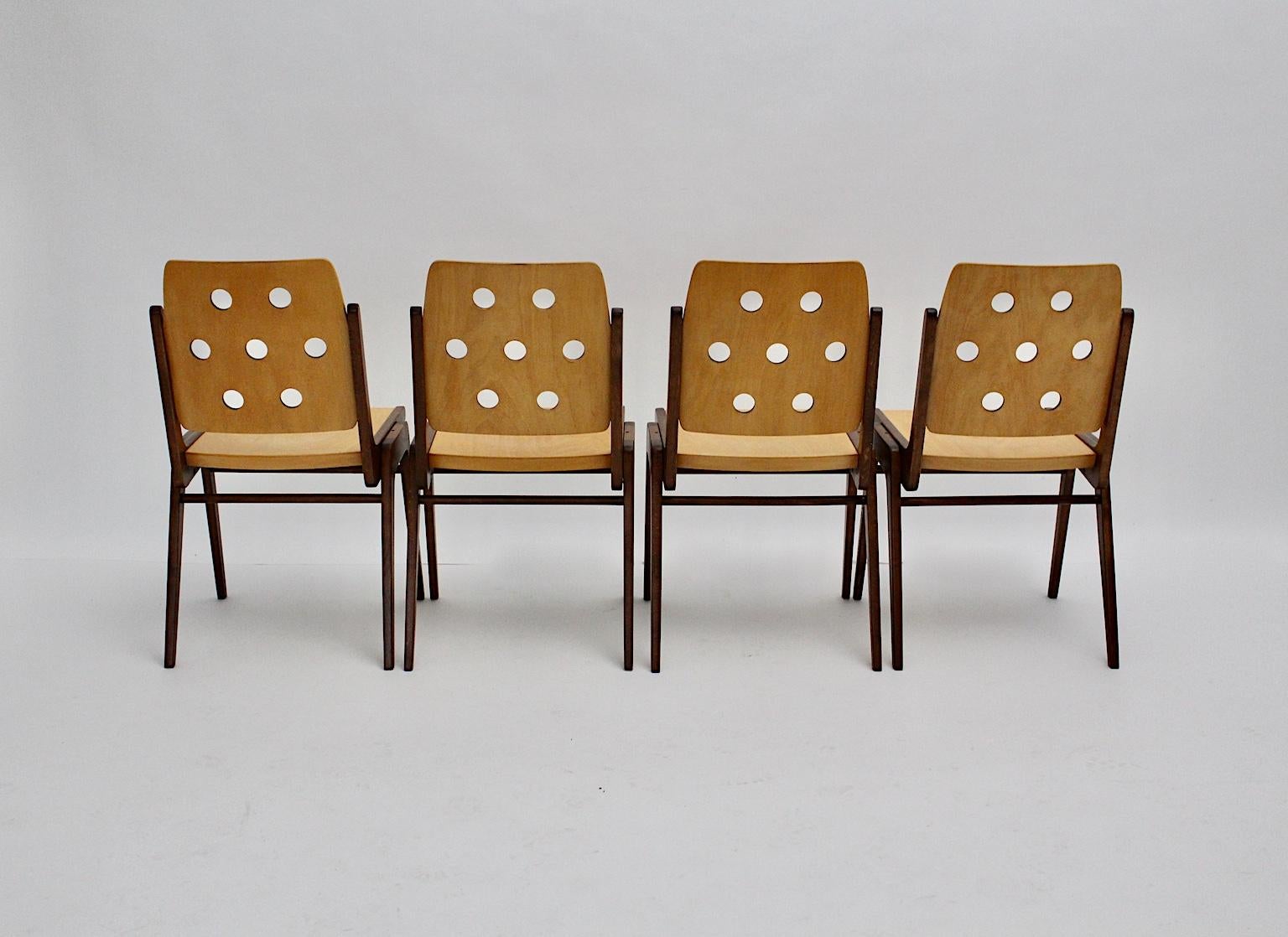 Mid-Century Modern Four Vintage Brown Bicolor Beech Dining Chairs Franz Schuster 1