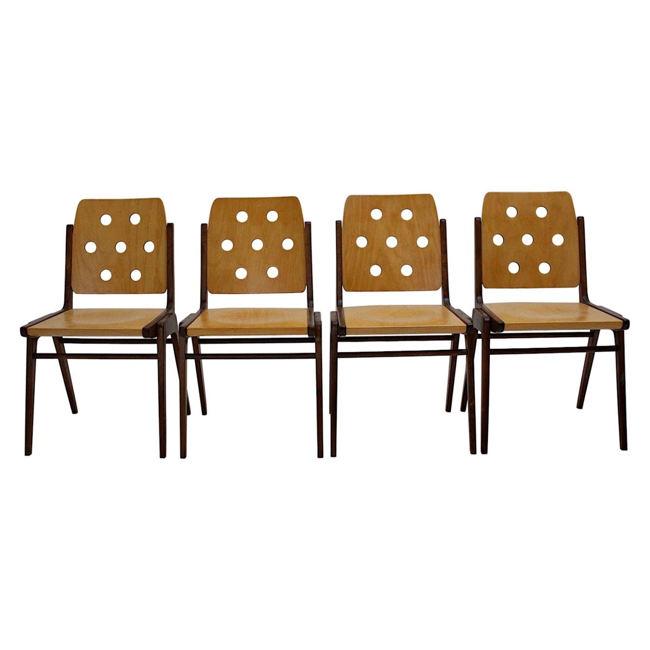 Mid-Century Modern Four Vintage Brown Bicolor Beech Dining Chairs Franz Schuster