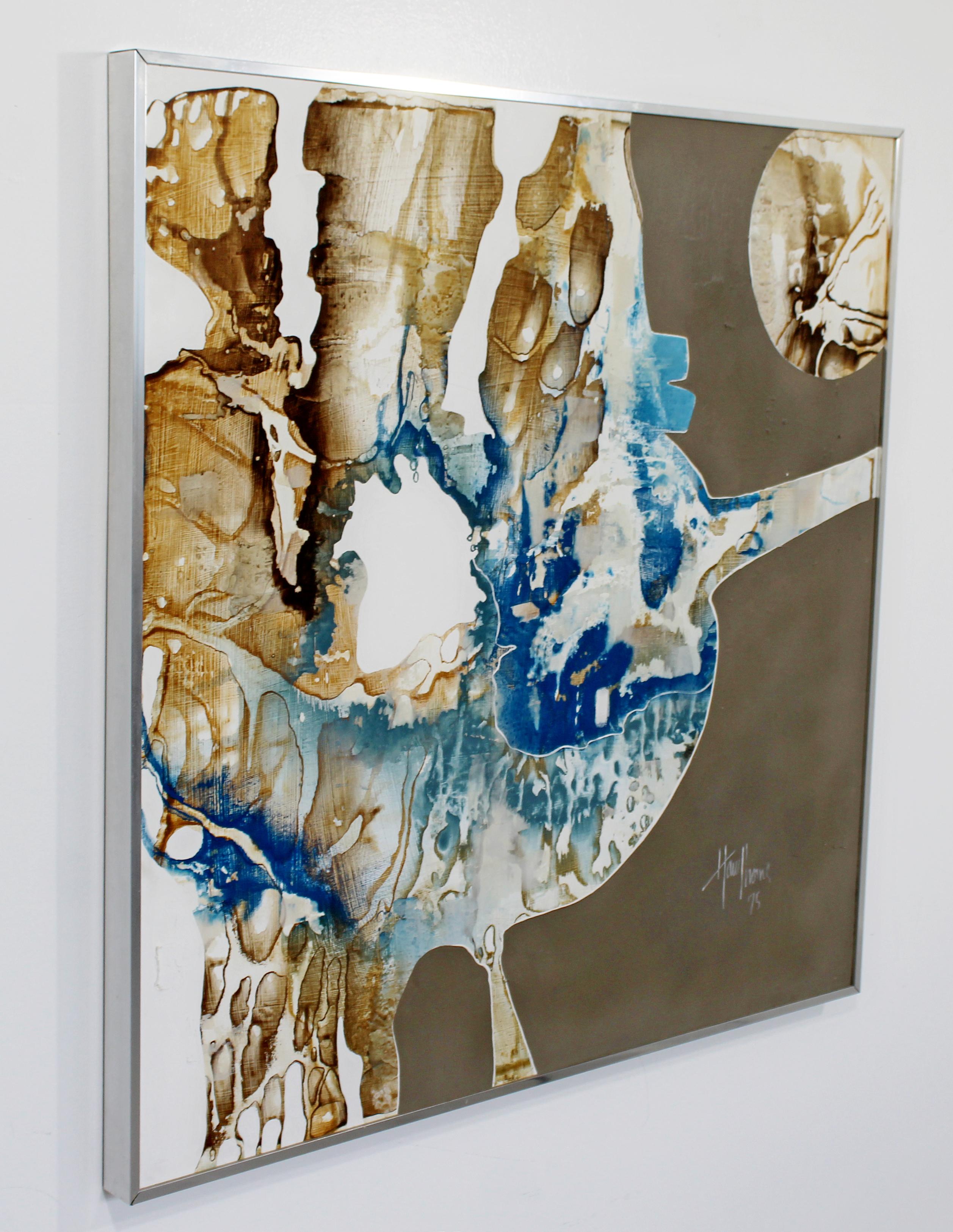For your consideration is a beautiful, framed abstract acrylic on canvas painting, in blues and browns, signed by Greg Hawthorne, dated 1975. In excellent condition. The dimensions are 35.5