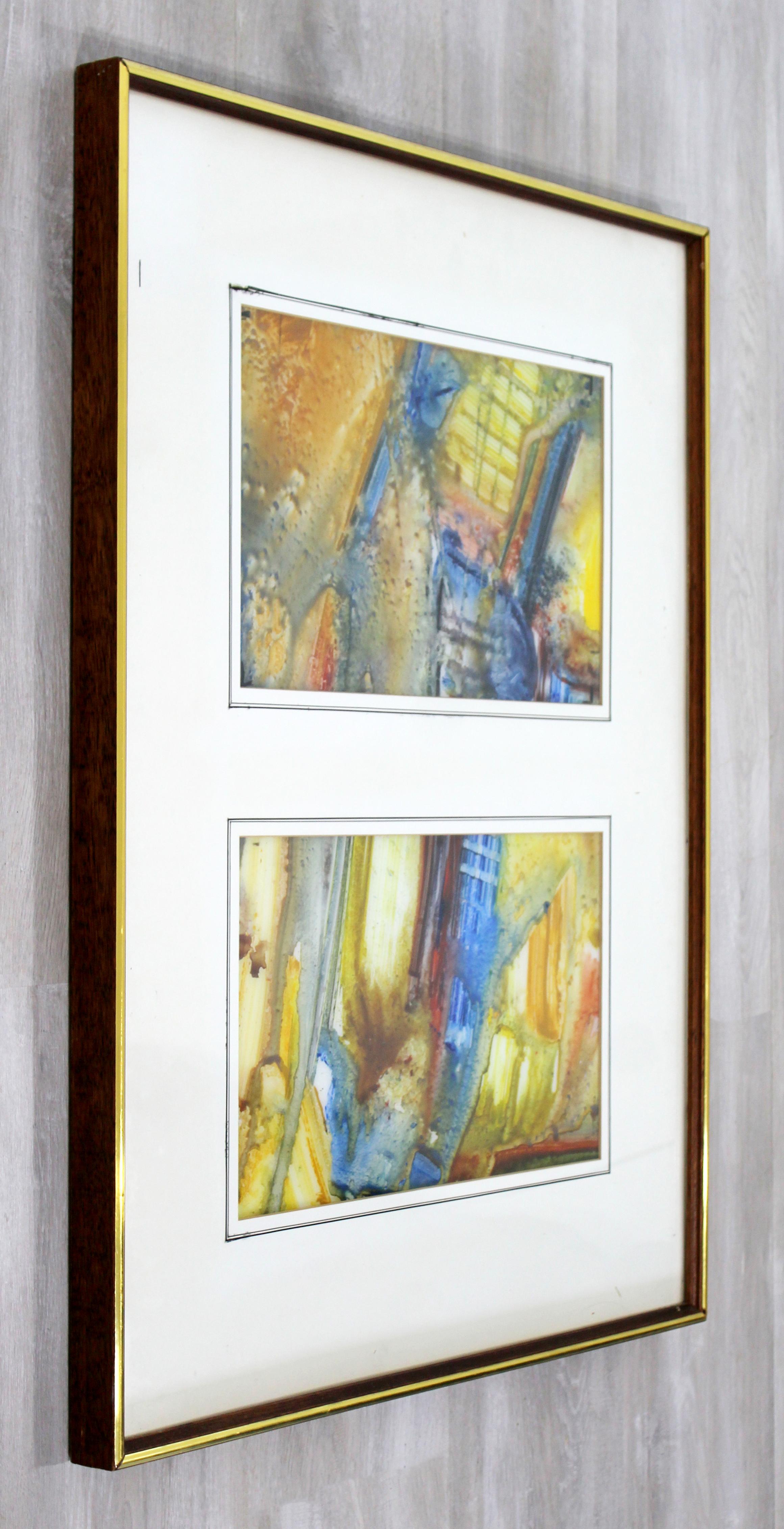 Late 20th Century Mid-Century Modern Framed Abstract Encaustic Mixed-Media Diptych Signed L. Biro
