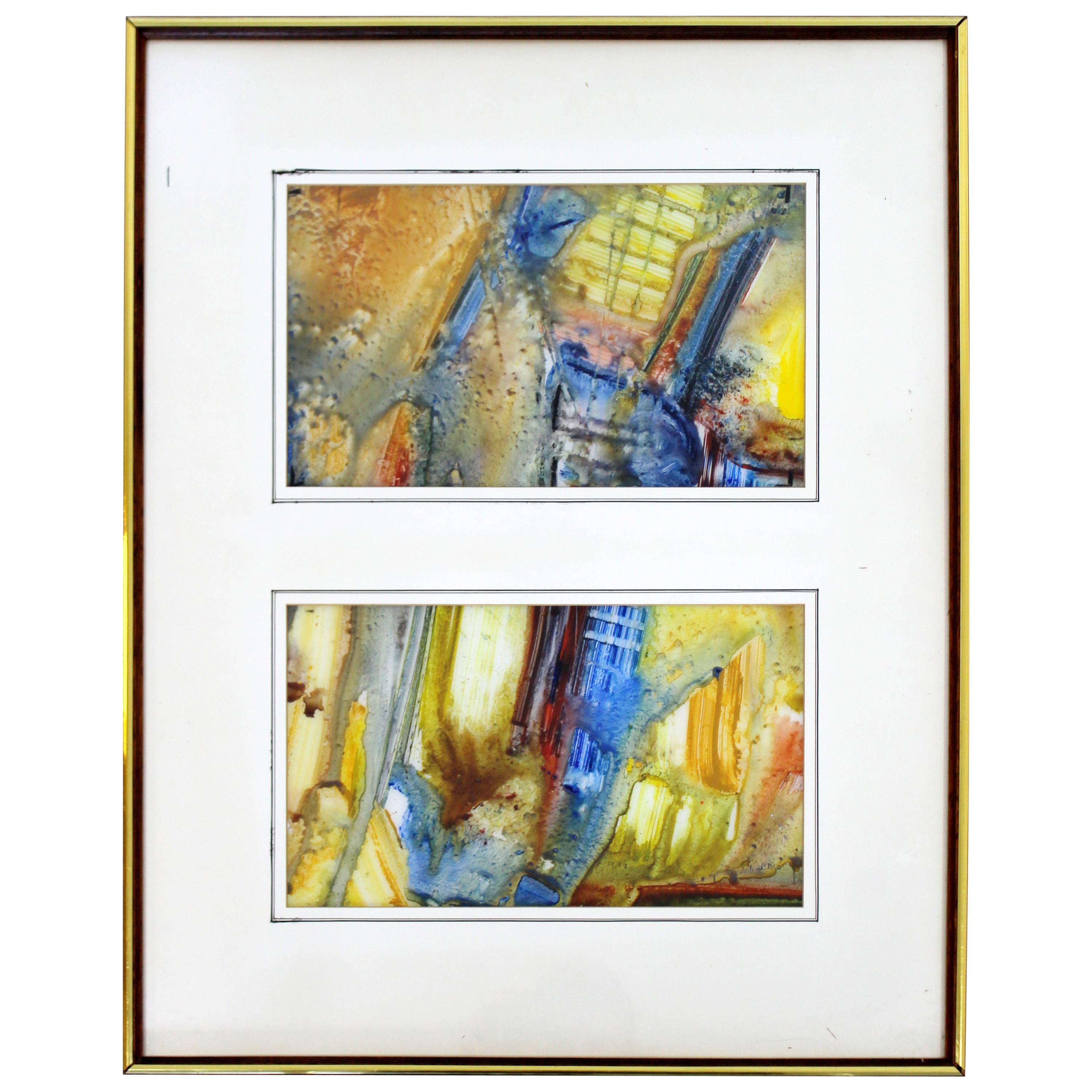 Mid-Century Modern Framed Abstract Encaustic Mixed-Media Diptych Signed L. Biro