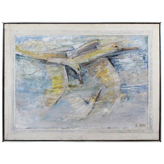 Mid-Century Modern Framed Acrylic Impasto Seagulls Painting Board Signed L. Biro