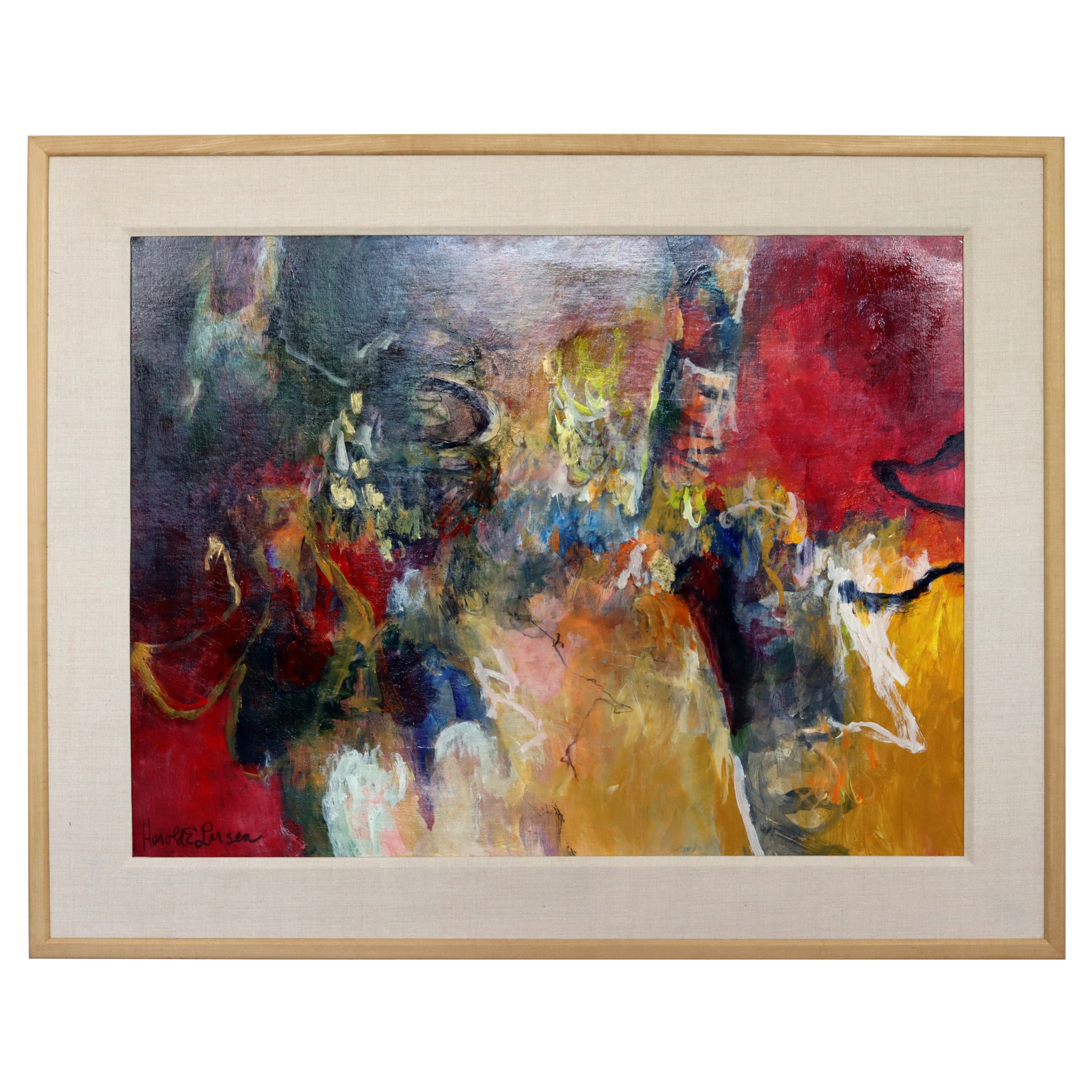 Mid-Century Modern Framed Acrylic Painting Canvas Signed Harold Larsen, 1970s