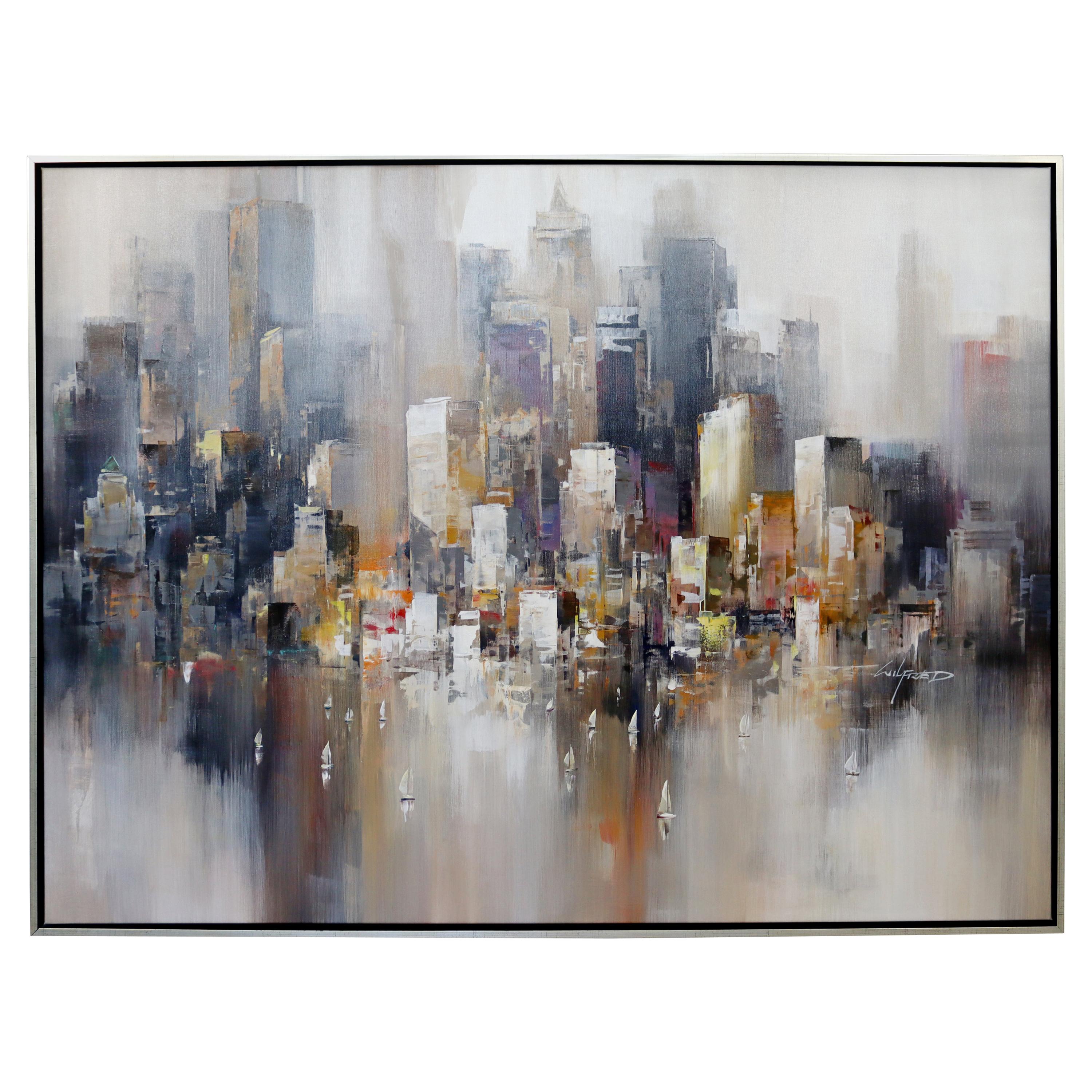 Mid-Century Modern Framed Acrylic Painting Canvas Signed Wilfred 1970s Cityscape
