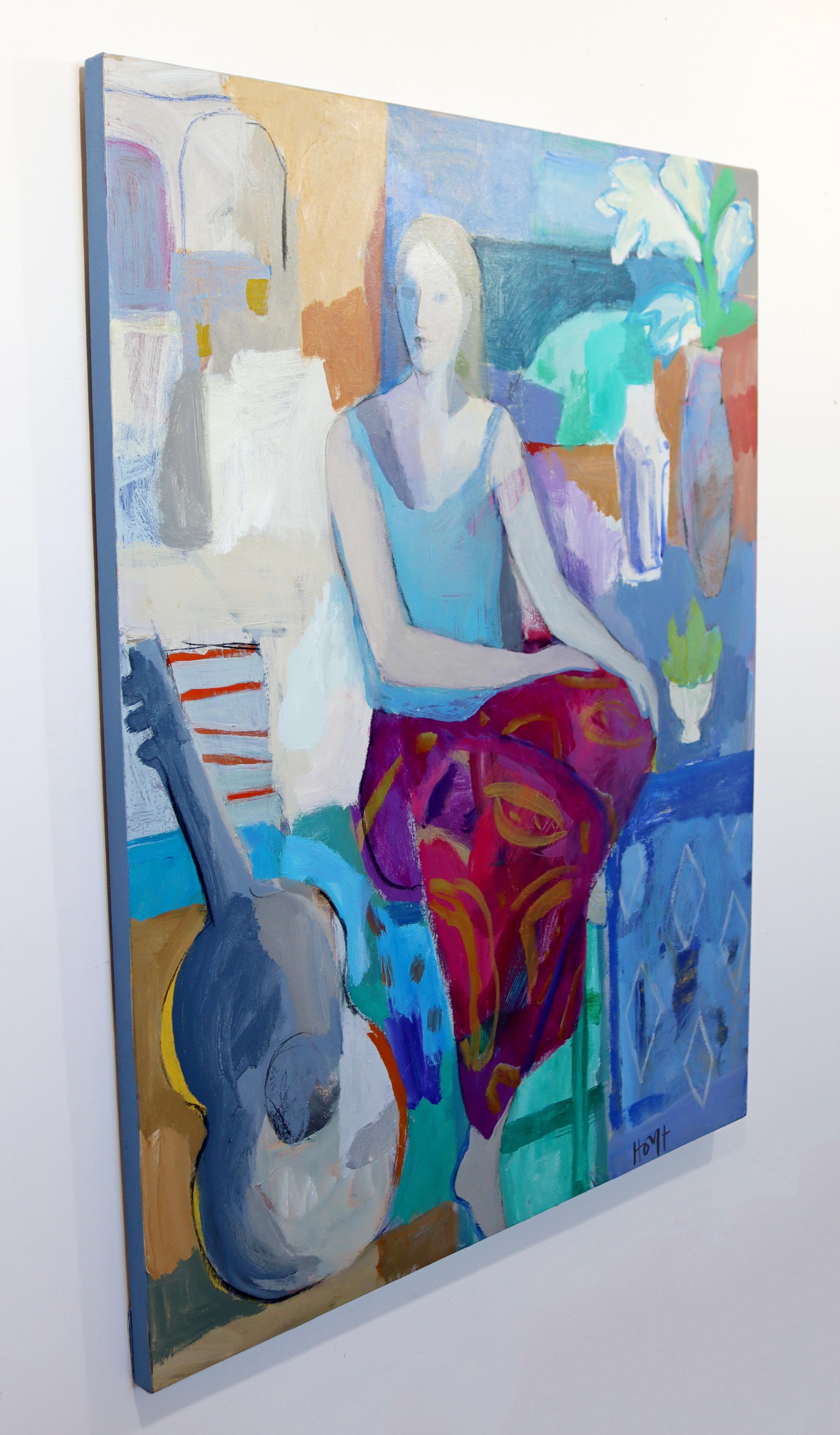 For your consideration is a fabulous, framed, acrylic painting of a woman with a guitar, on canvas, signed by Sky Hoyt. In excellent condition. The dimensions are 40