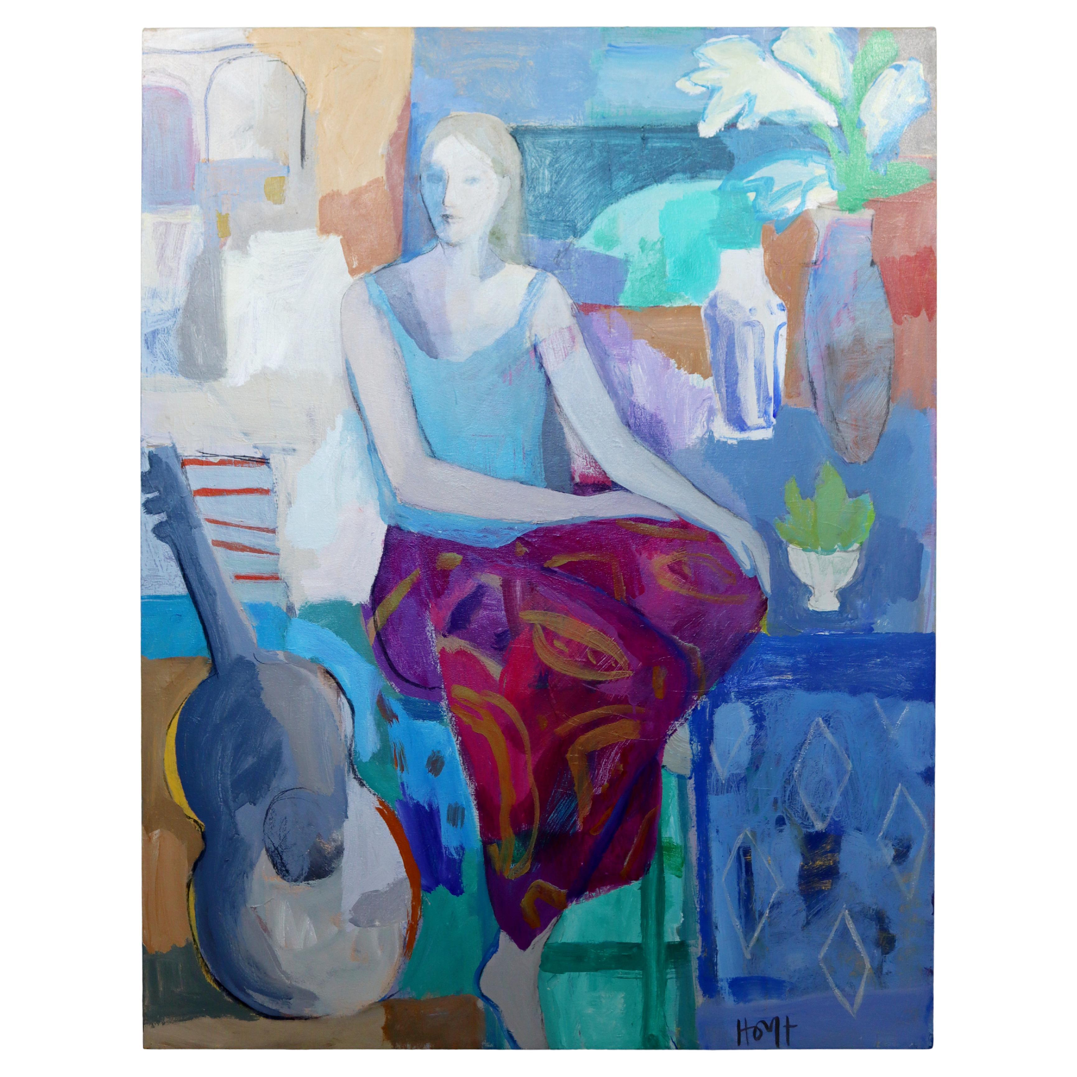 Mid-Century Modern Framed Acrylic Painting Canvas Woman Guitar Signed Sky Hoyt