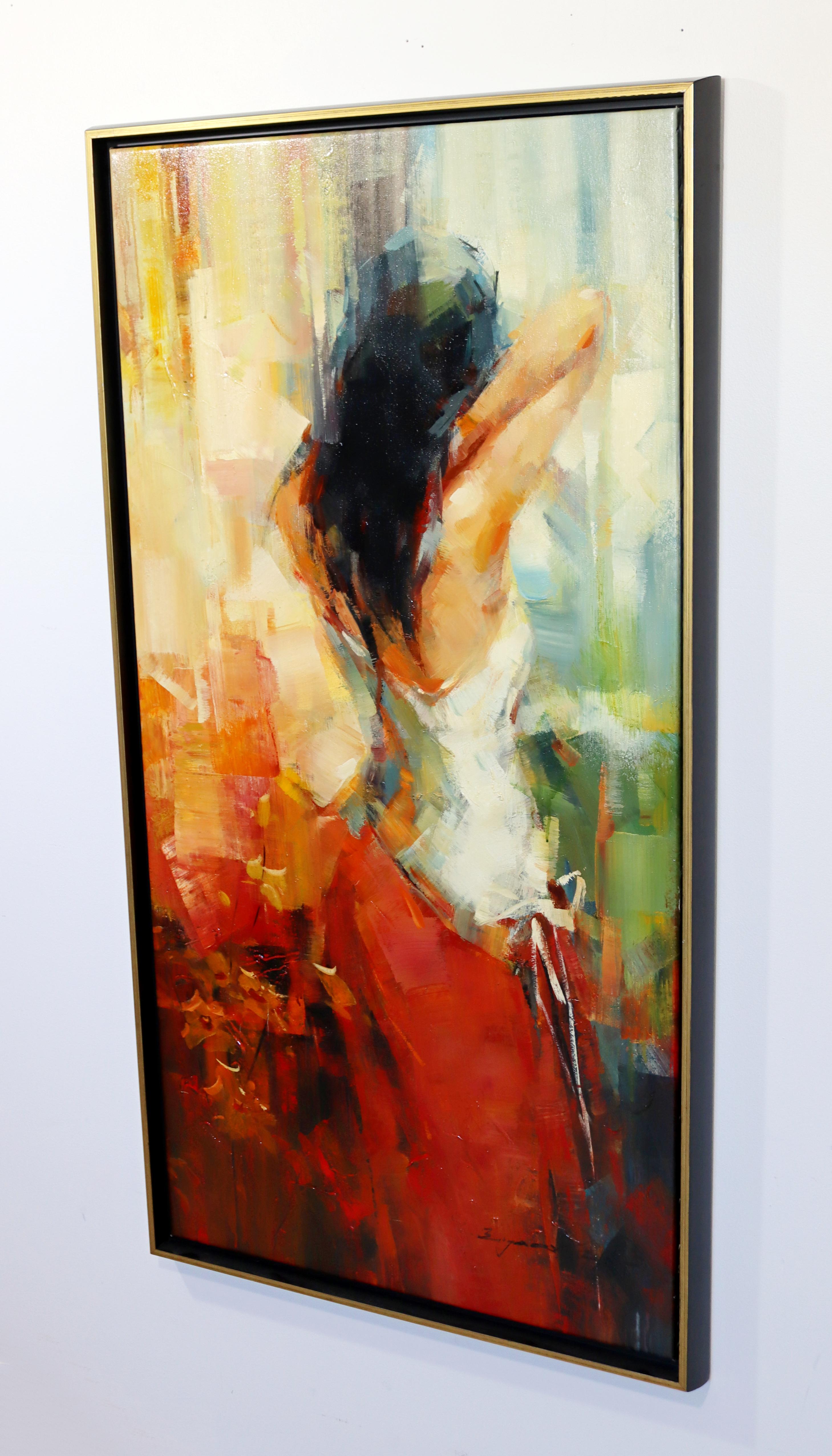 For your consideration is a fabulous, framed, acrylic painting, of the back of a Flamenco dander, signed by the artist, circa the 1970s. In excellent vintage condition. The dimensions are 49.5