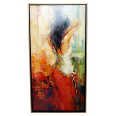 Mid Century Modern Framed Acrylic Painting Signed Flamenco Dancer Woman