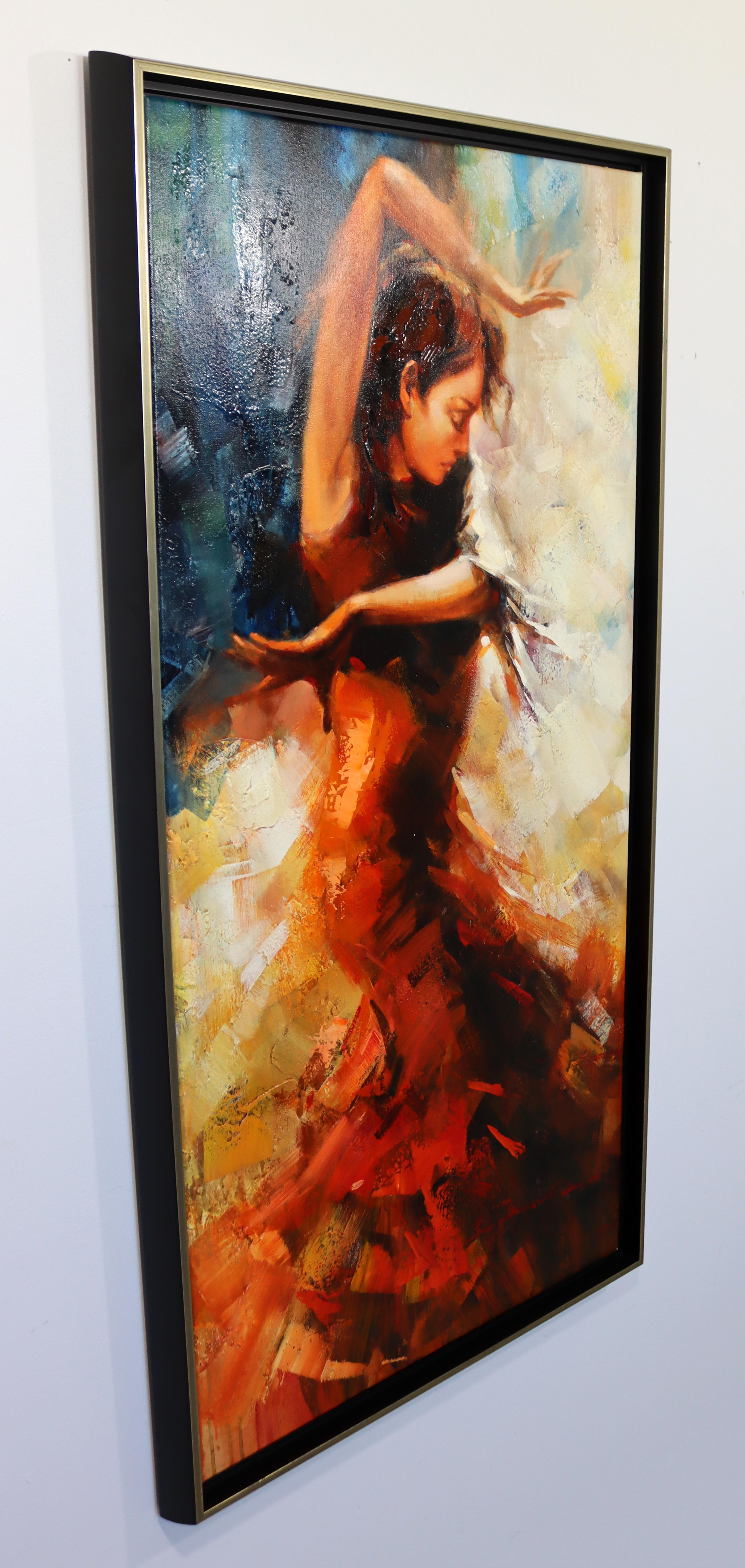 Mid-Century Modern Framed Acrylic Painting Signed Flamenco Dancer Woman Red In Good Condition In Keego Harbor, MI