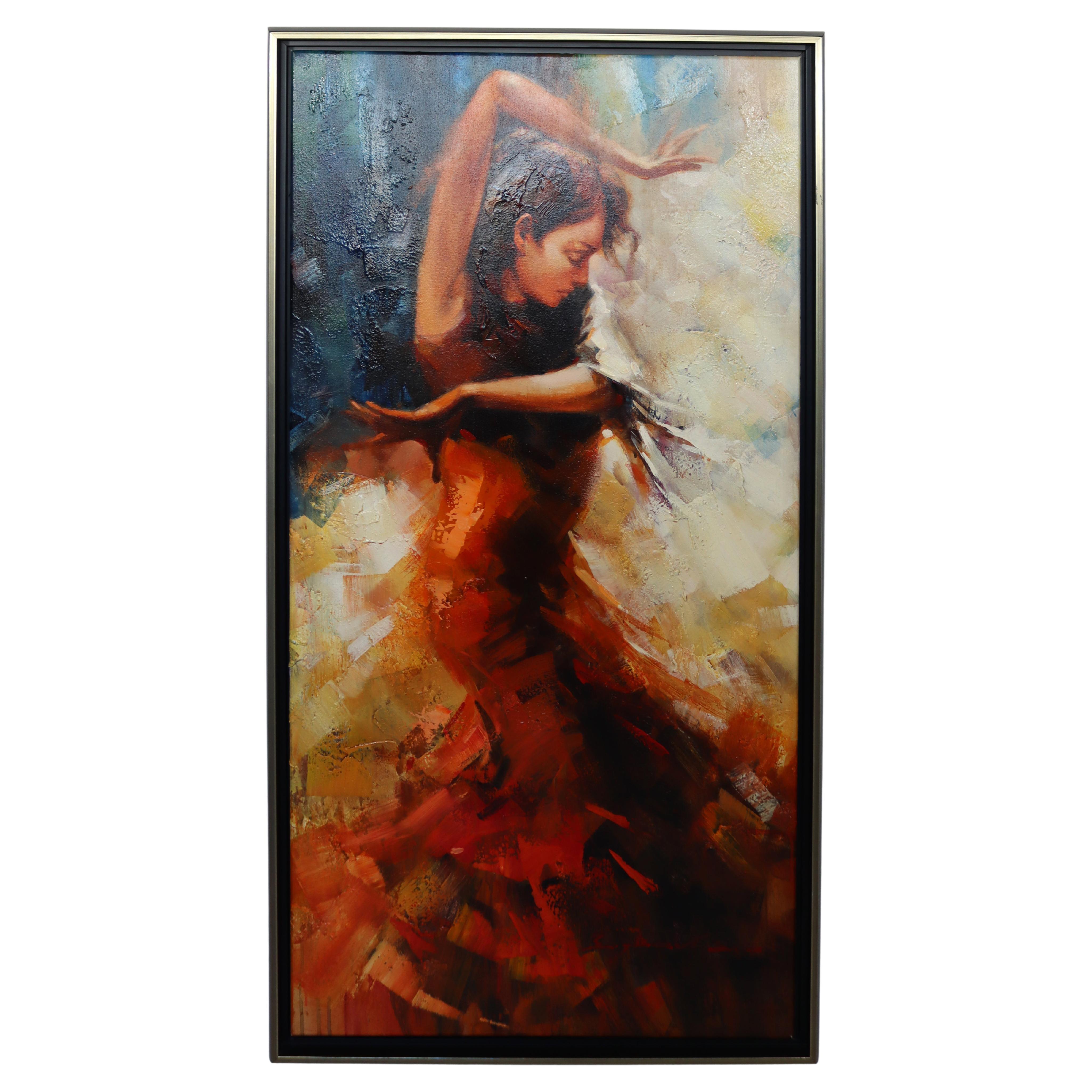 Mid-Century Modern Framed Acrylic Painting Signed Flamenco Dancer Woman Red